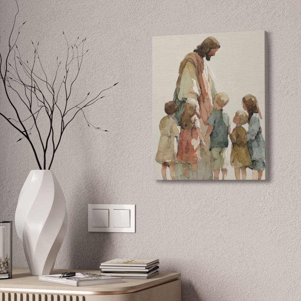 Faithful Father and Children Watercolor Canvas Print — Religious Nursery Wall Art