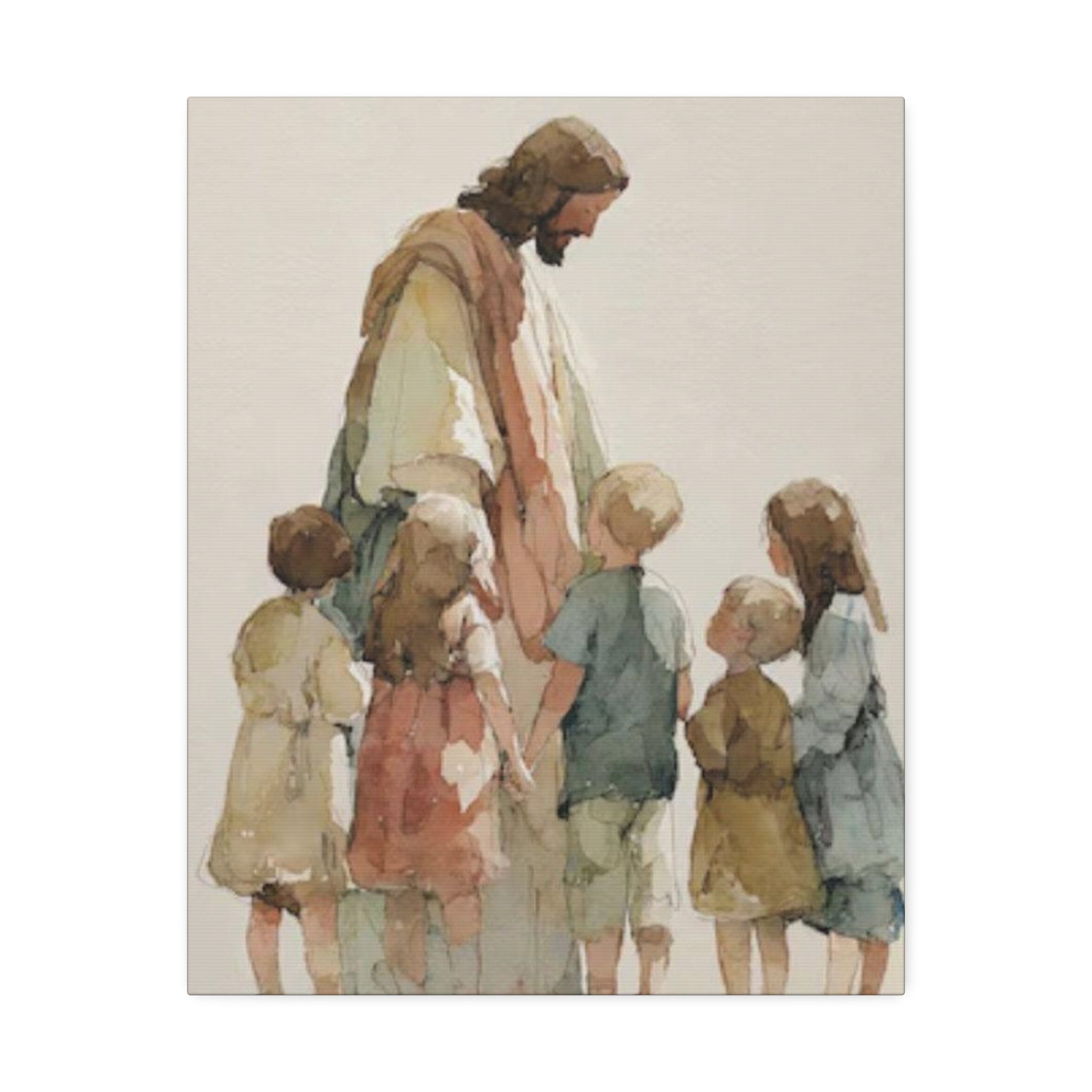 Faithful Father and Children Watercolor Canvas Print — Religious Nursery Wall Art