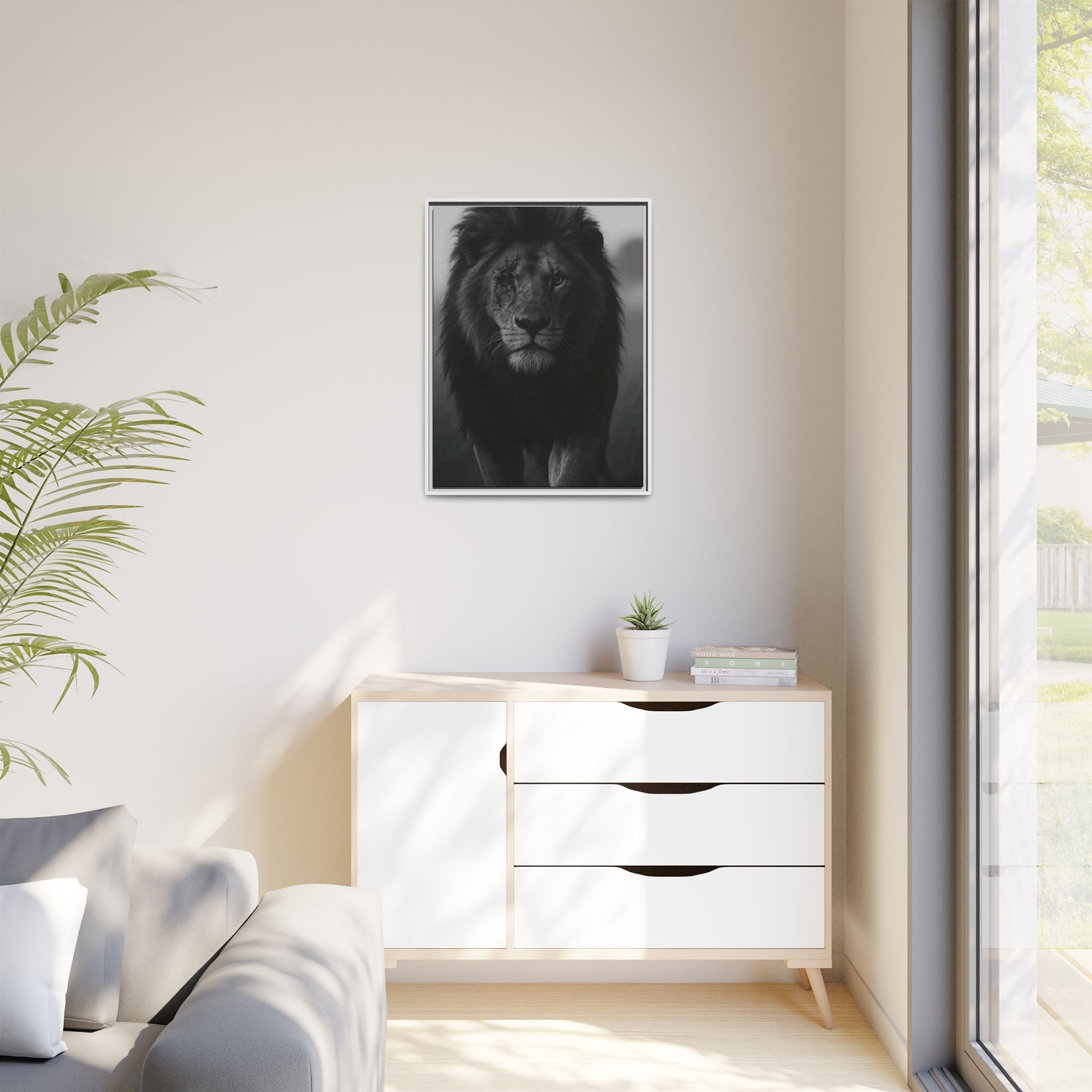 Framed Matte Canvas Lion Wall Art – Black & White Majestic Lion Print