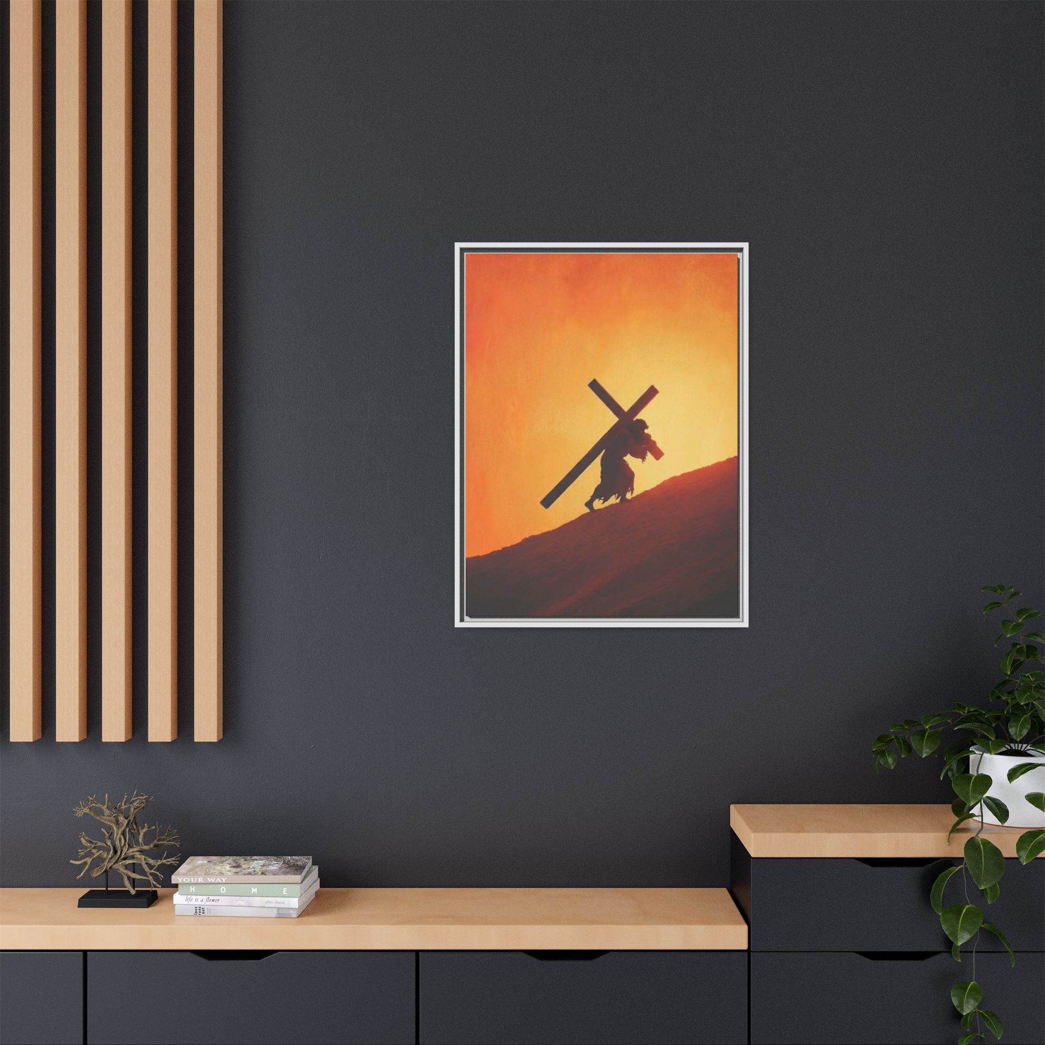Jesus Christ Carrying Cross Framed Canvas — 'The World On His Shoulder' Sunset Art