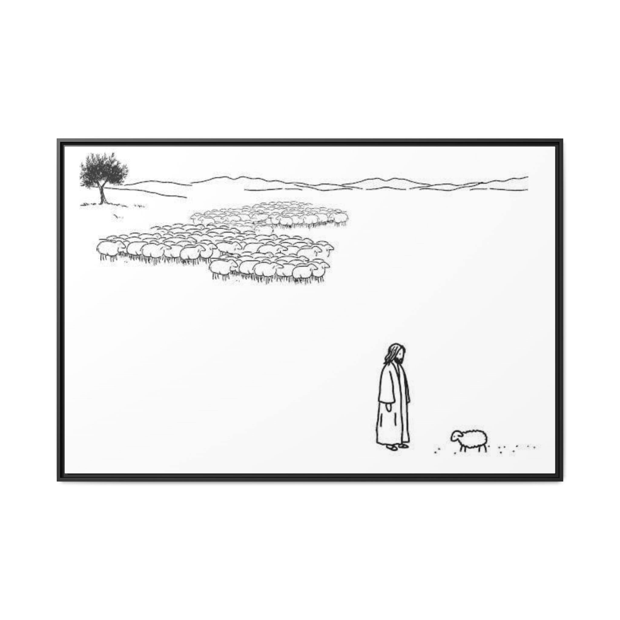 Framed Matte Canvas Print — Minimal The Good Shepherd & Flock Line Art
