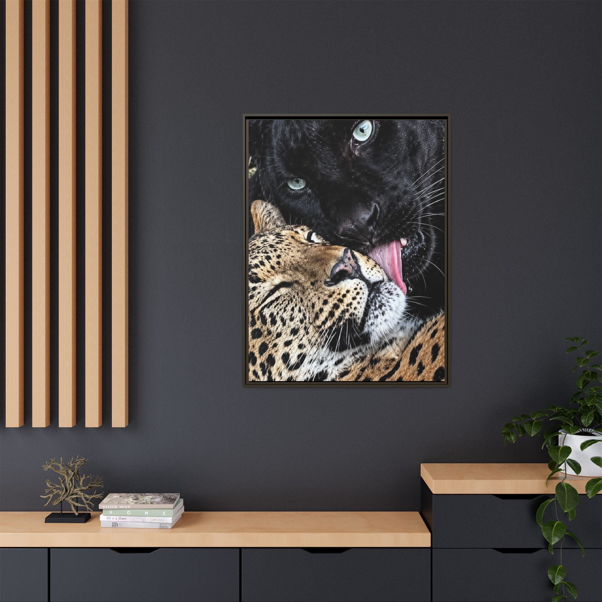 Big Cat Portrait Matte Canvas Framed — 'Perfect' Love-Themed Multi-Color Wall Art