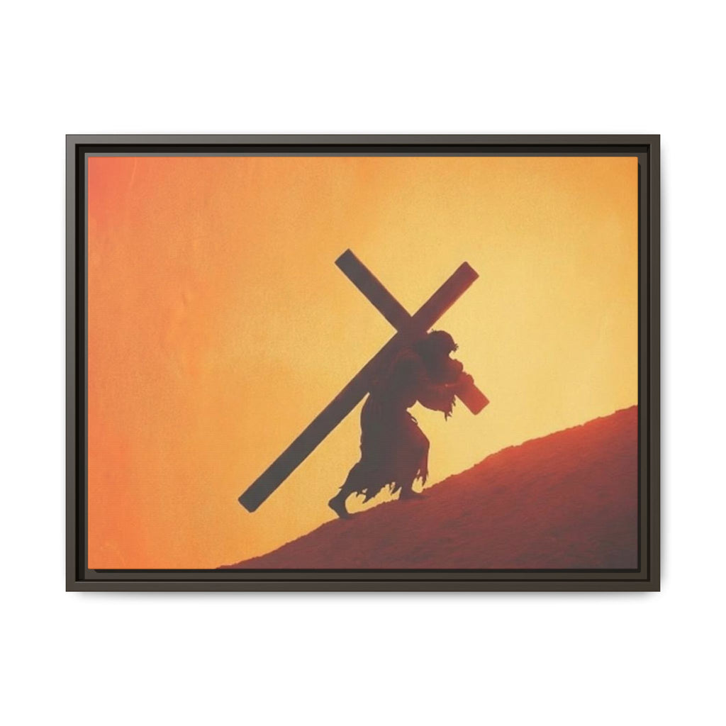 Jesus Christ Carrying Cross Framed Canvas — 'The World On His Shoulder' Sunset Art