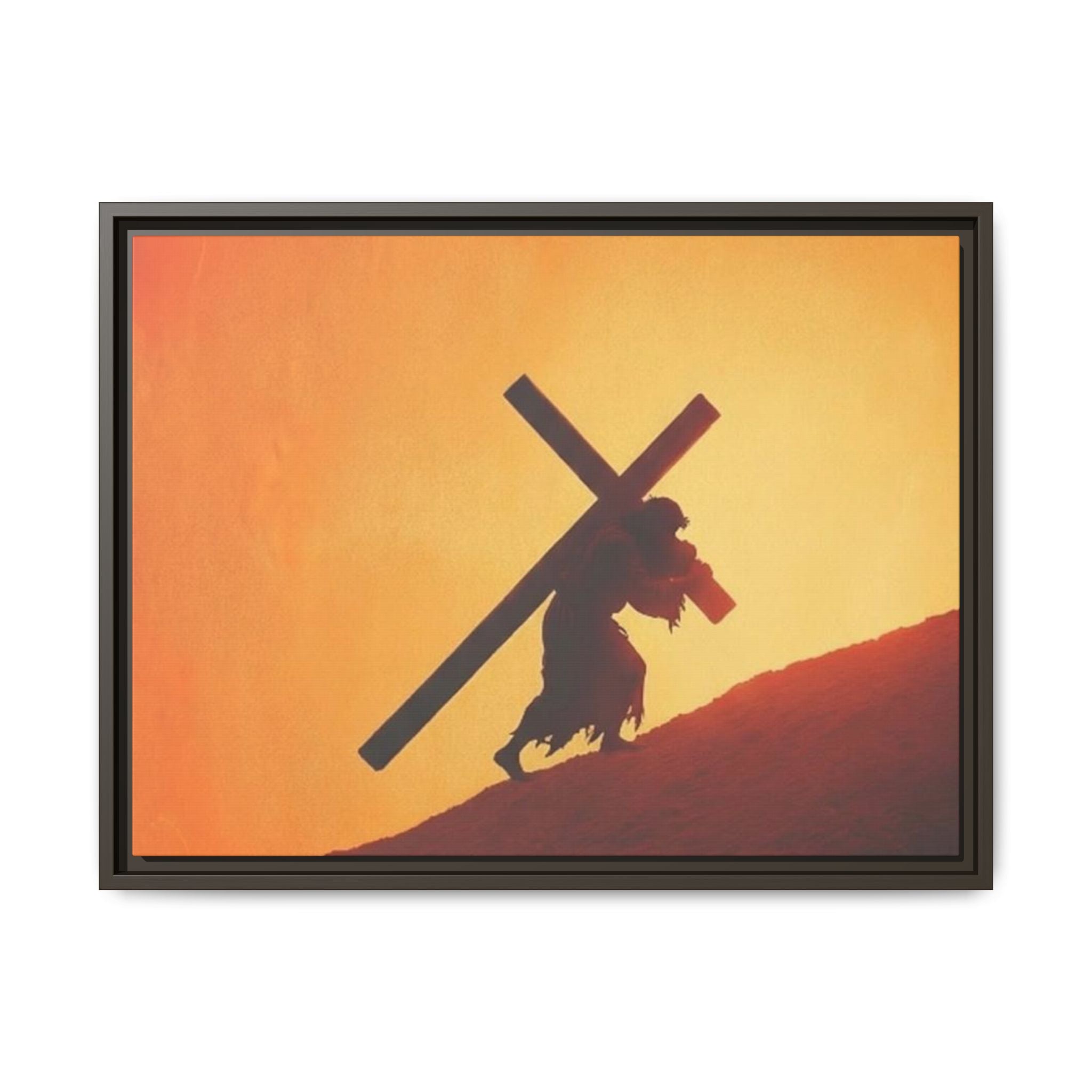 Jesus Christ Carrying Cross Framed Canvas — 'The World On His Shoulder' Sunset Art