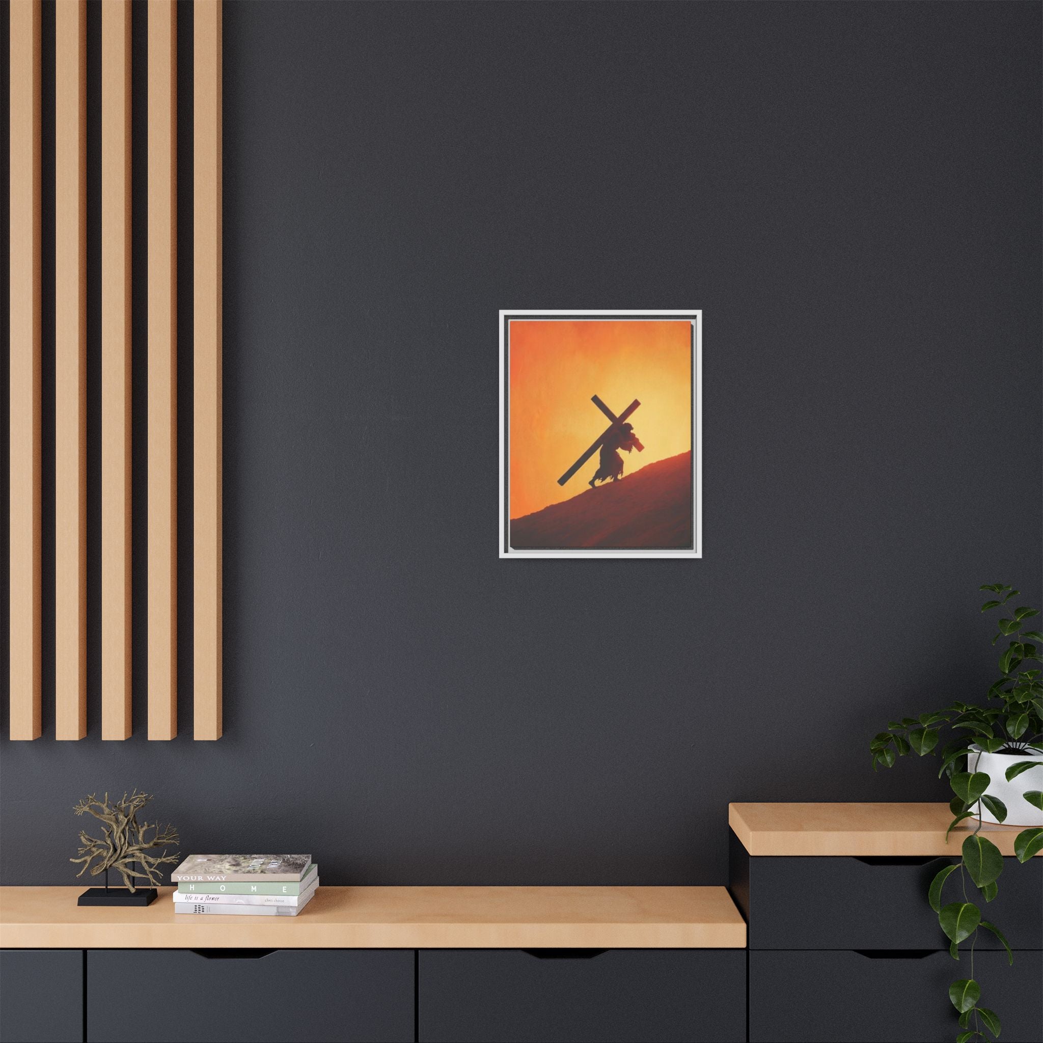 Jesus Christ Carrying Cross Framed Canvas — 'The World On His Shoulder' Sunset Art