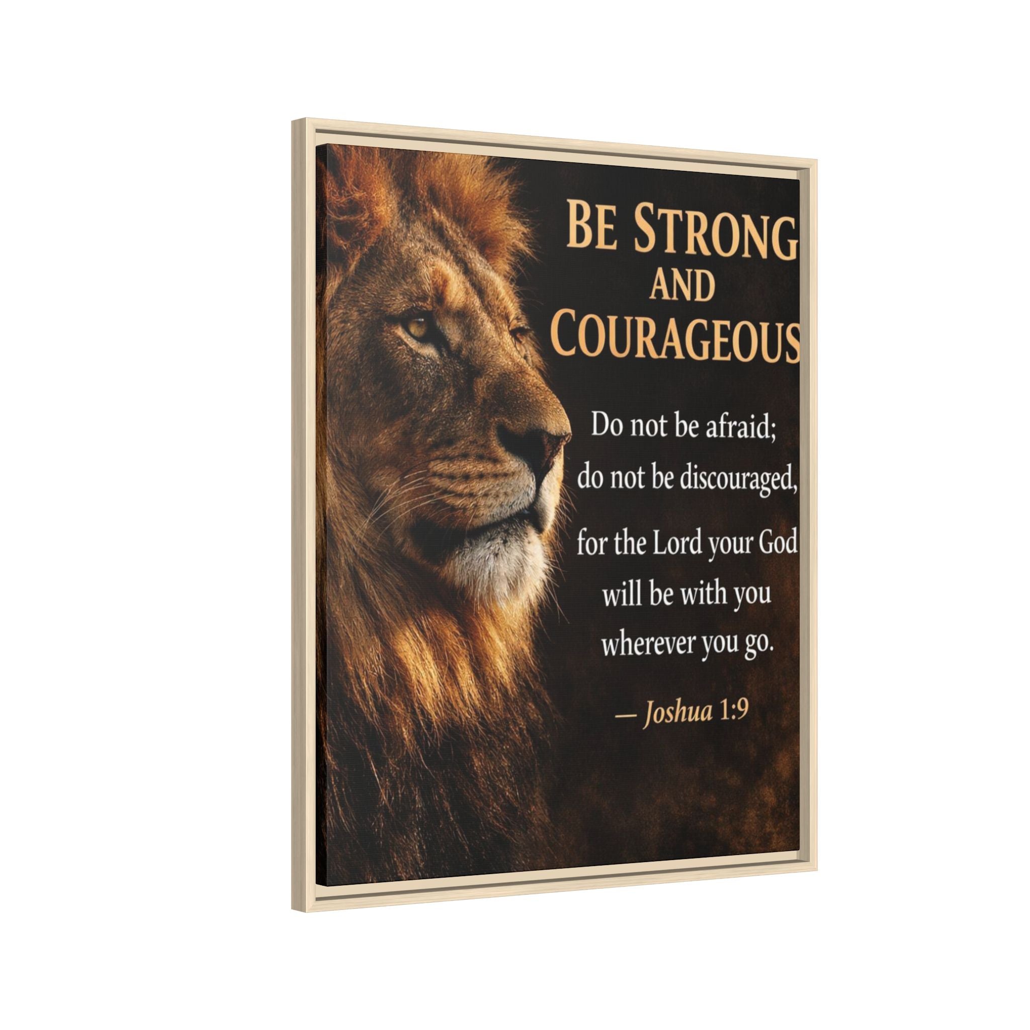 Framed Canvas Wall Art — "Be Strong and Courageous" Lion Joshua 1:9 Inspirational FAITH Art