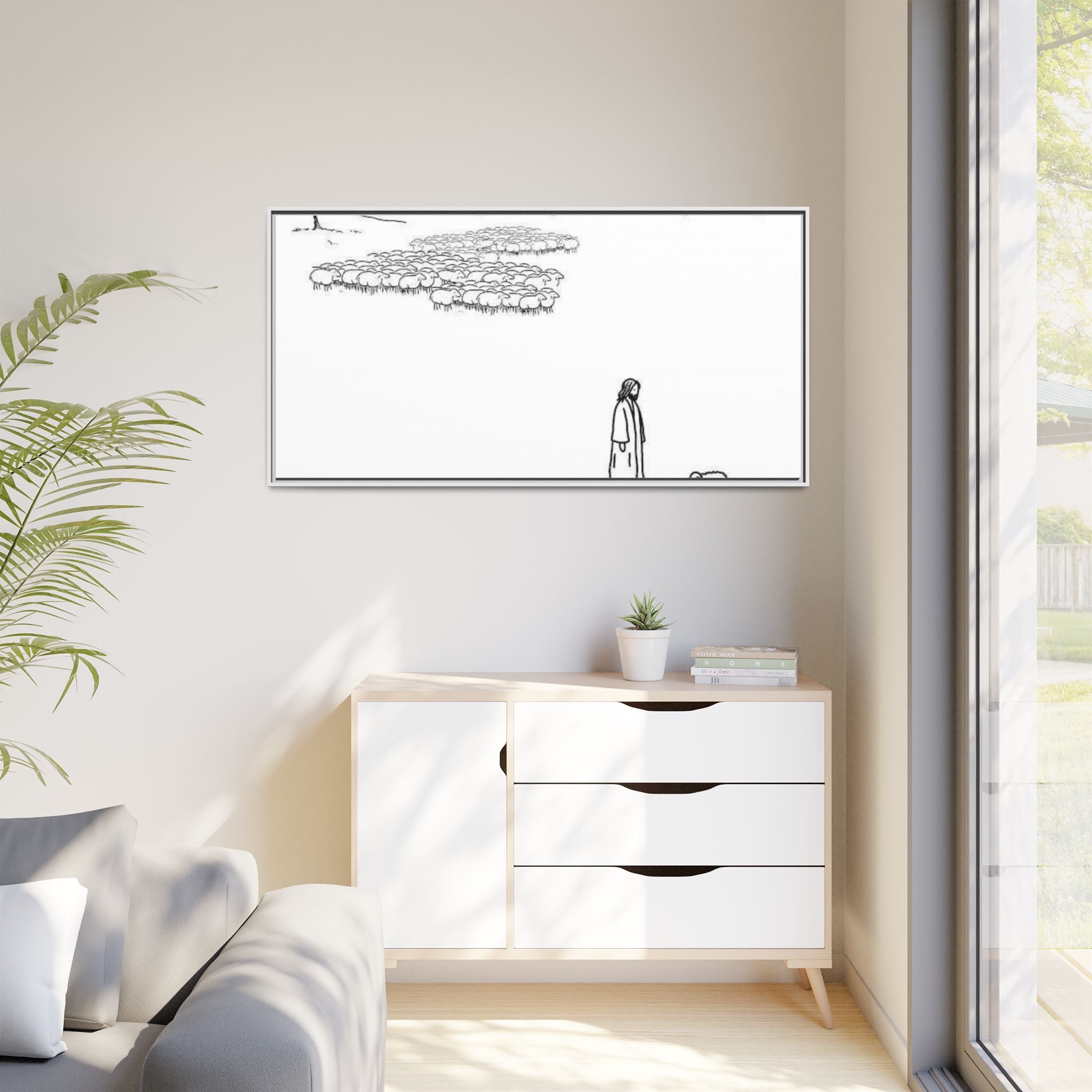 Framed Matte Canvas Print — Minimal The Good Shepherd & Flock Line Art