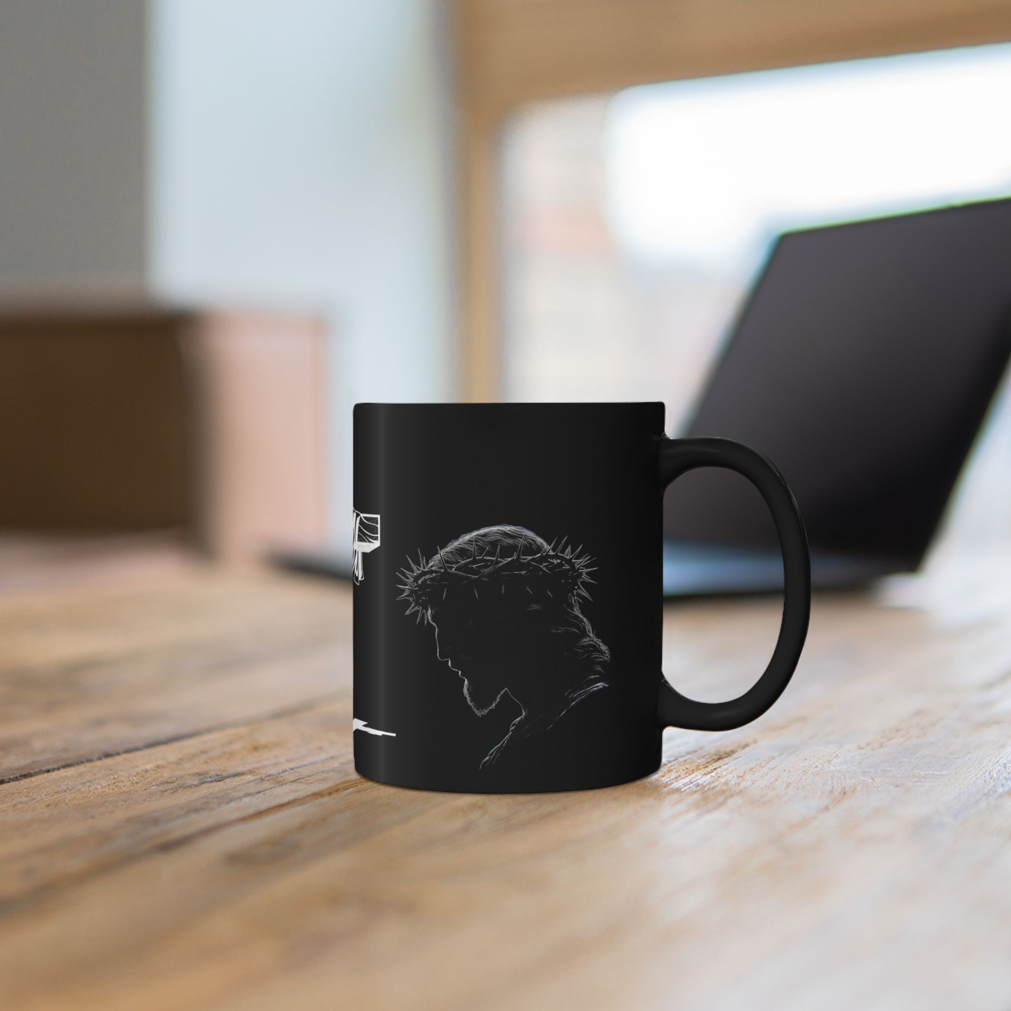 Christian Cross & Crown of Thorns Black Coffee Mug — Inspirational Scripture Gift (11oz/15oz)