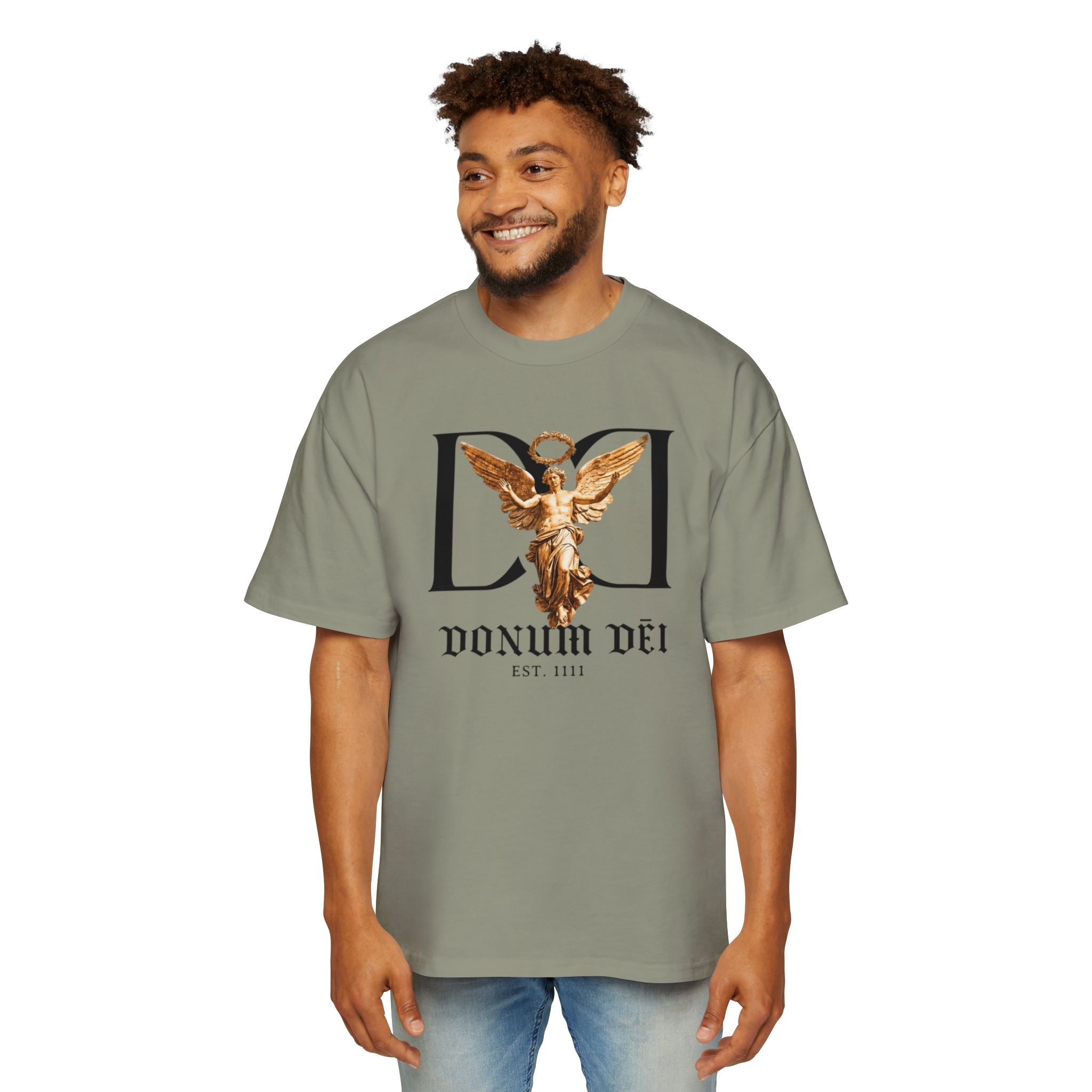 Donum Dei Angel Graphic Tee — Vintage Roman Lettering Men’s Oversized T‑Shirt