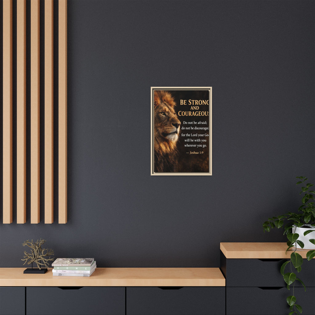 Framed Canvas Wall Art — "Be Strong and Courageous" Lion Joshua 1:9 Inspirational FAITH Art