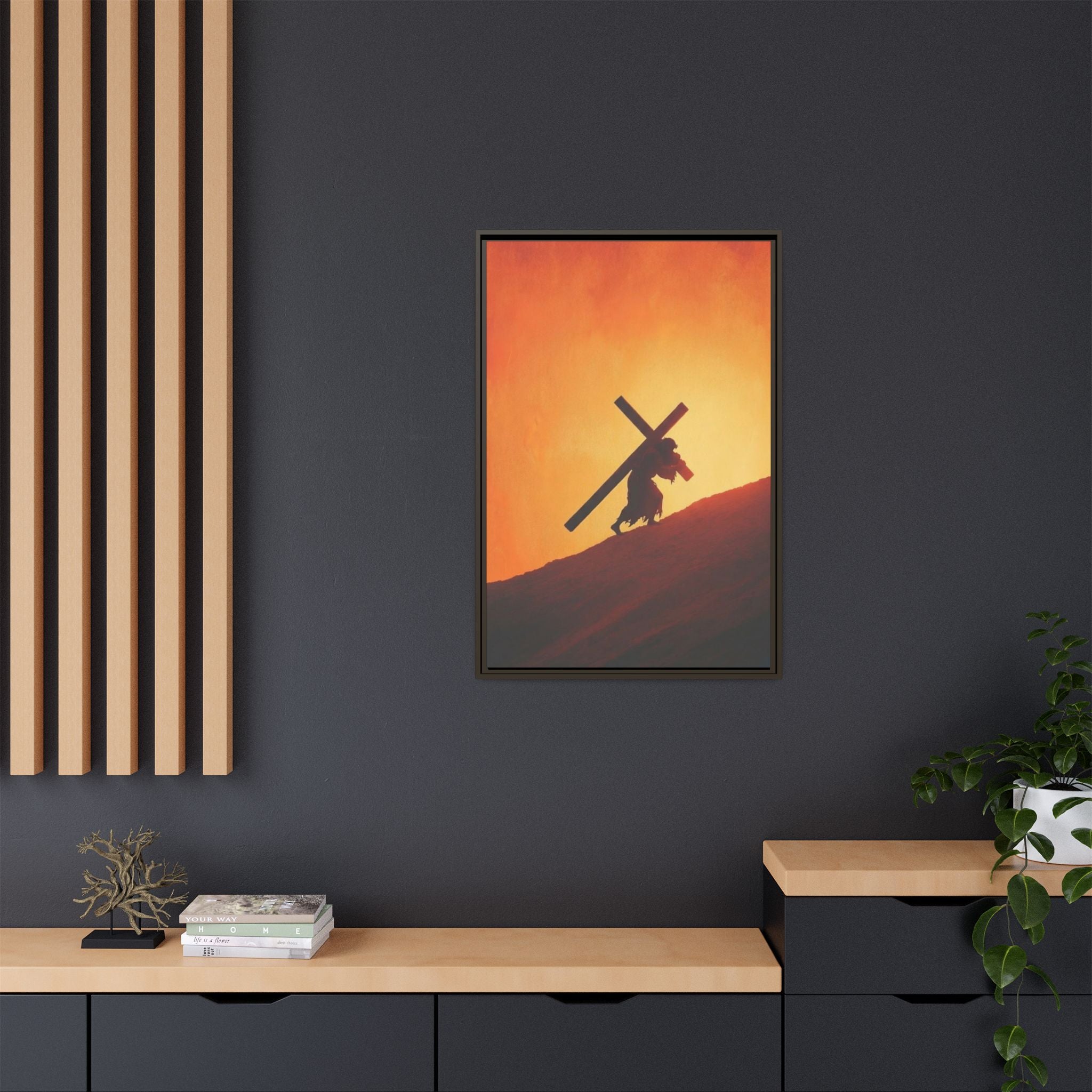 Jesus Christ Carrying Cross Framed Canvas — 'The World On His Shoulder' Sunset Art