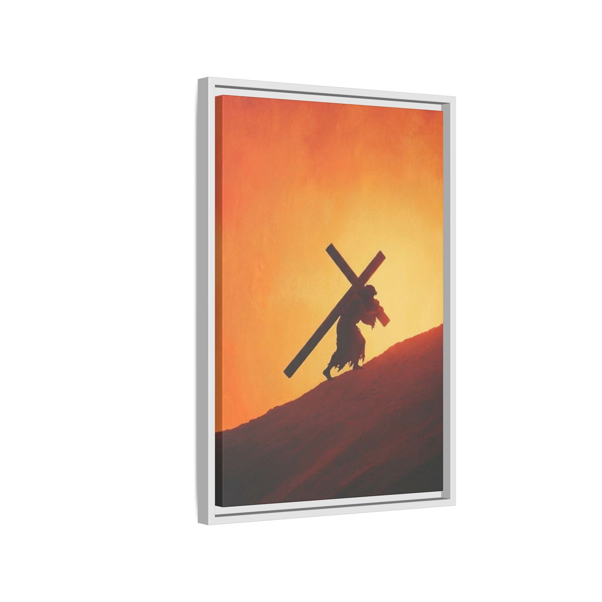 Jesus Christ Carrying Cross Framed Canvas — 'The World On His Shoulder' Sunset Art