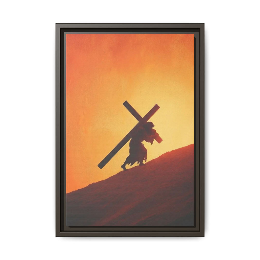 Jesus Christ Carrying Cross Framed Canvas — 'The World On His Shoulder' Sunset Art