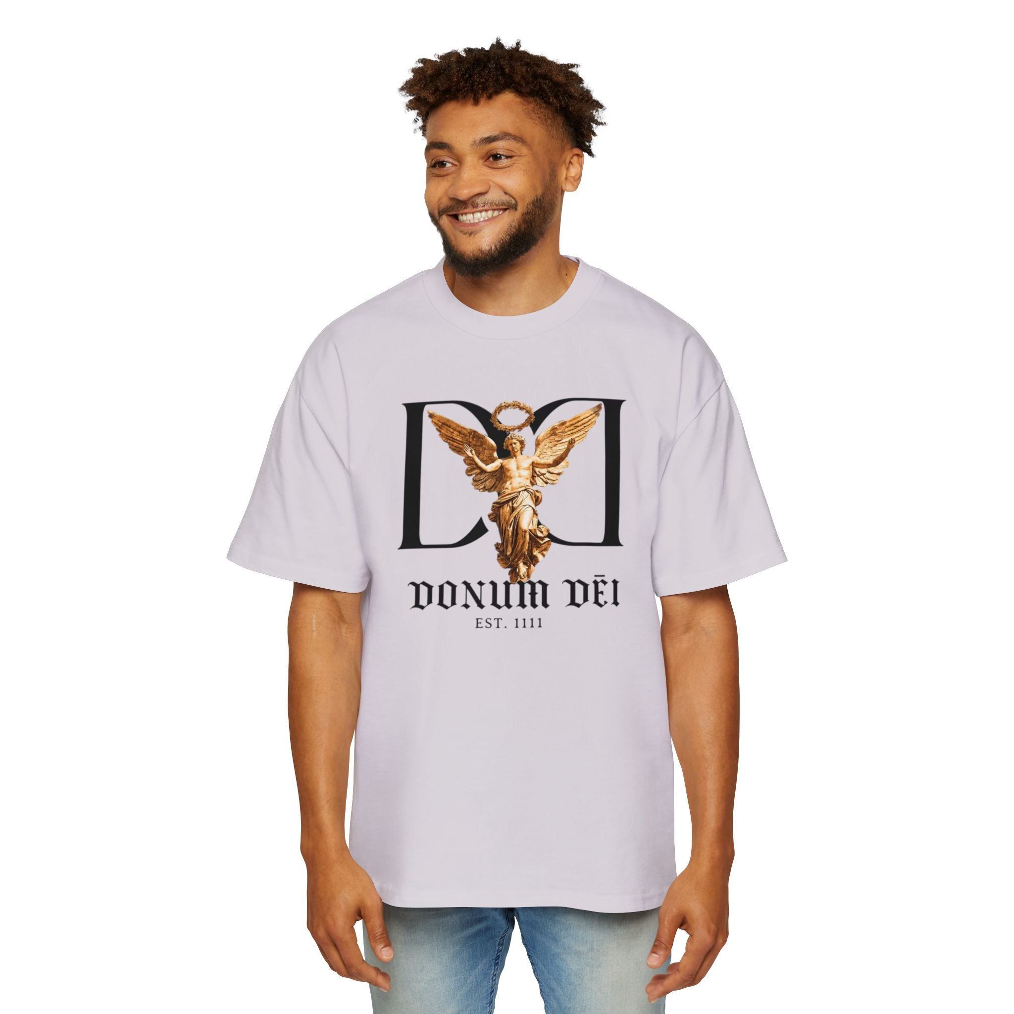 Donum Dei Angel Graphic Tee — Vintage Roman Lettering Men’s Oversized T‑Shirt