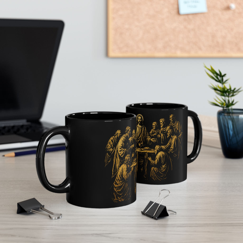 The Last Supper Black Ceramic Mug — Gold Religious Coffee Cup (11oz/15oz)
