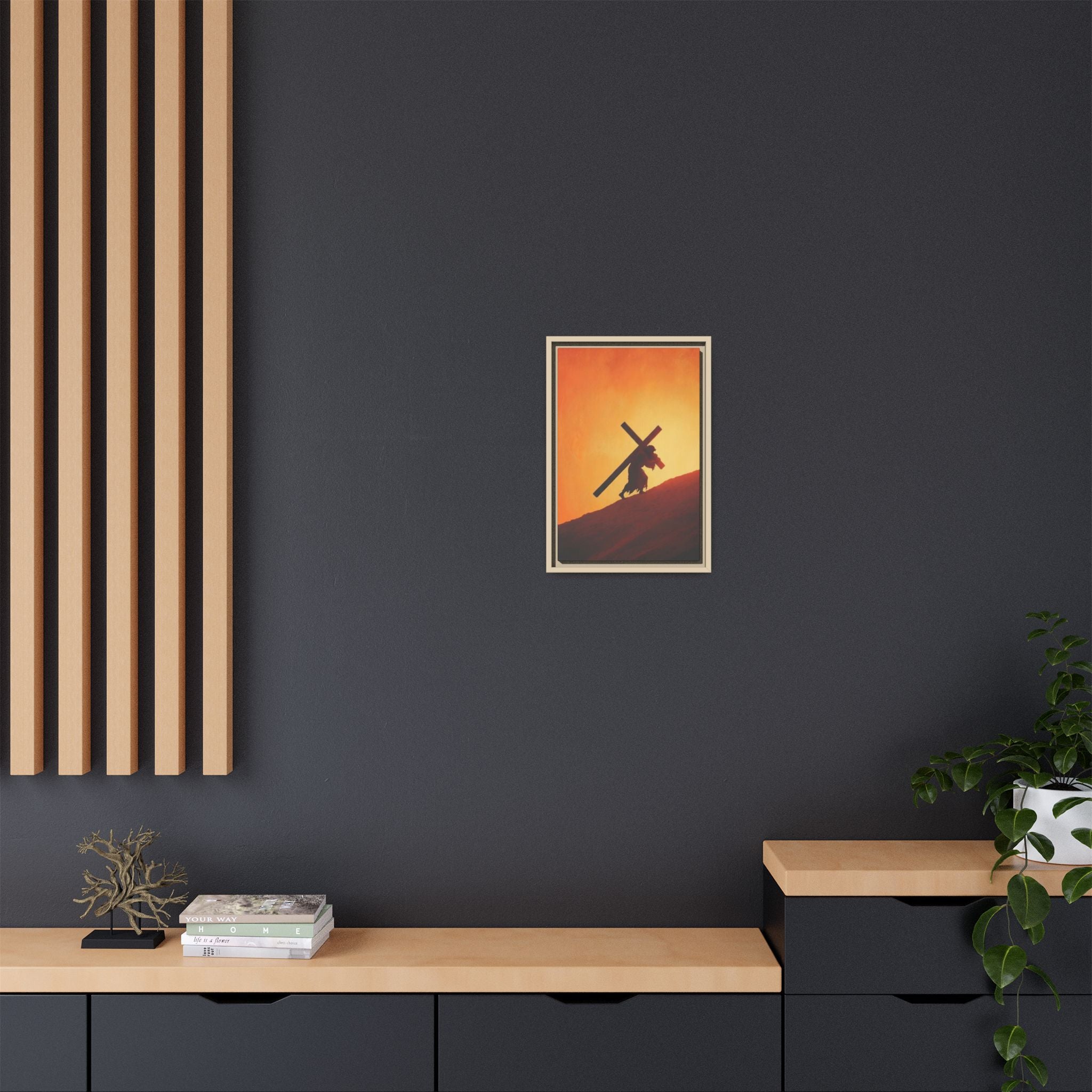 Jesus Christ Carrying Cross Framed Canvas — 'The World On His Shoulder' Sunset Art