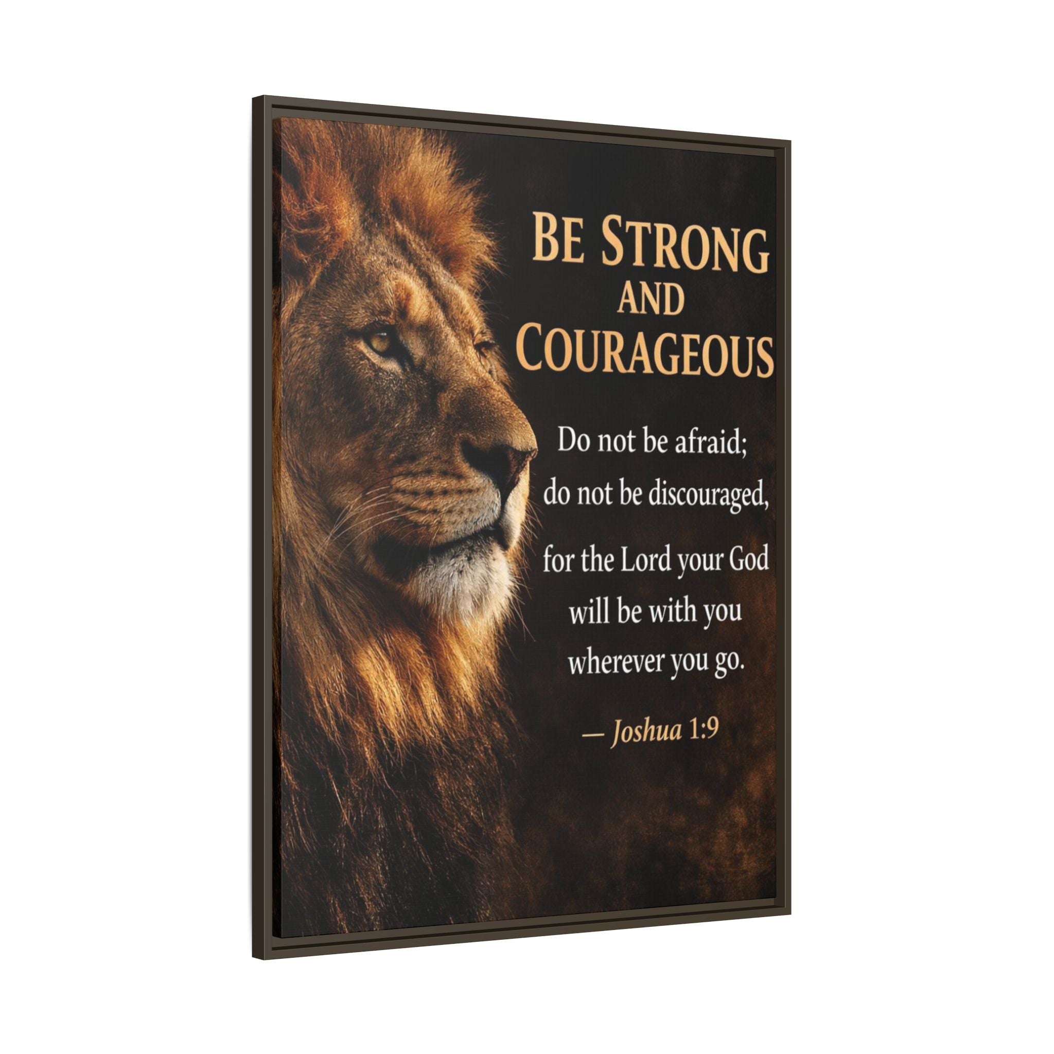 Framed Canvas Wall Art — "Be Strong and Courageous" Lion Joshua 1:9 Inspirational FAITH Art