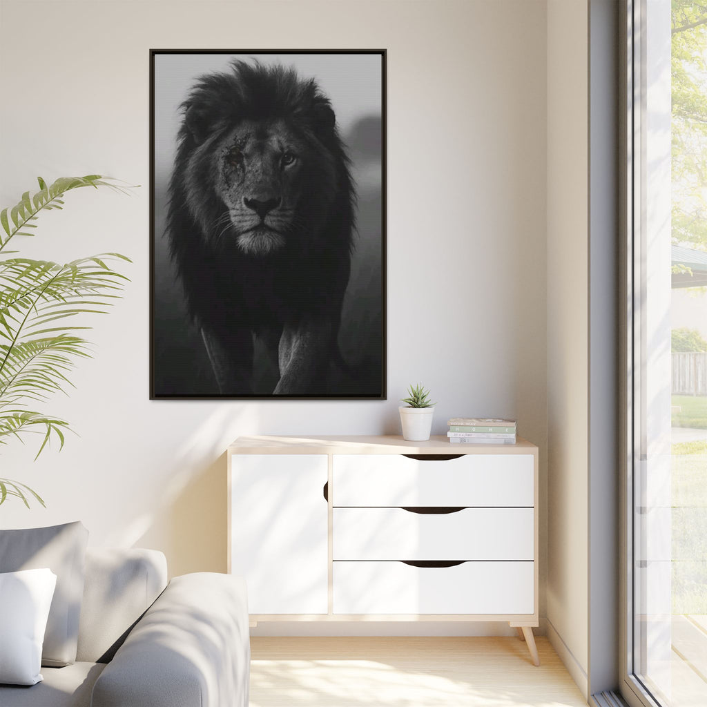 Framed Matte Canvas Lion Wall Art – Black & White Majestic Lion Print