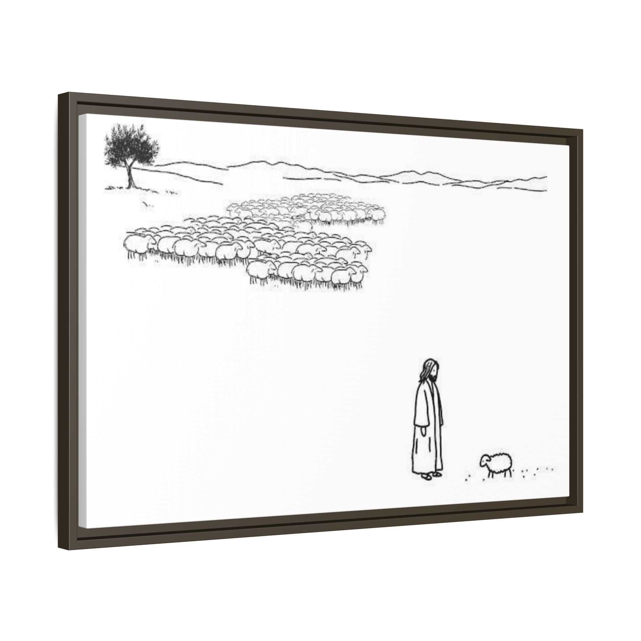 Framed Matte Canvas Print — Minimal The Good Shepherd & Flock Line Art