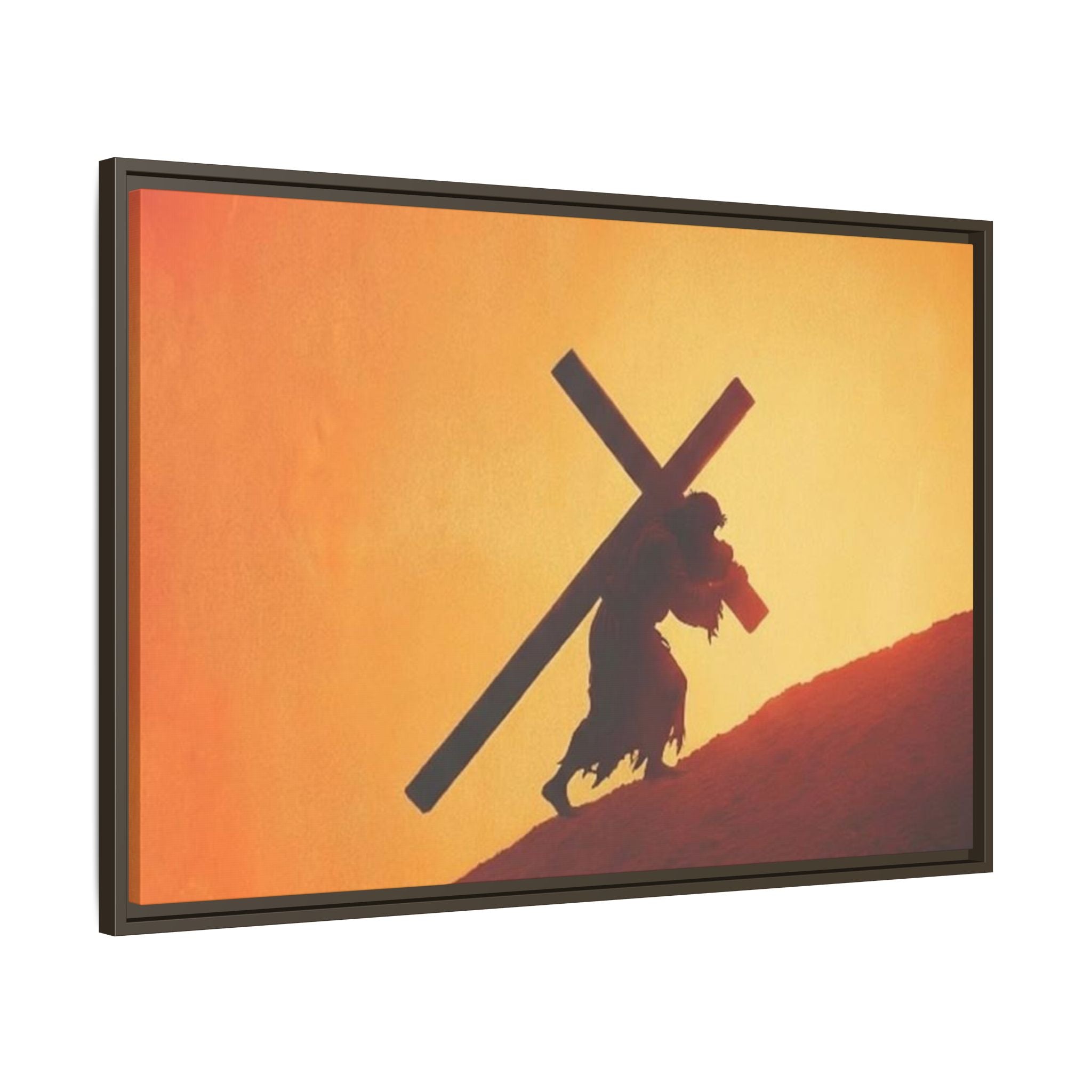 Jesus Christ Carrying Cross Framed Canvas — 'The World On His Shoulder' Sunset Art