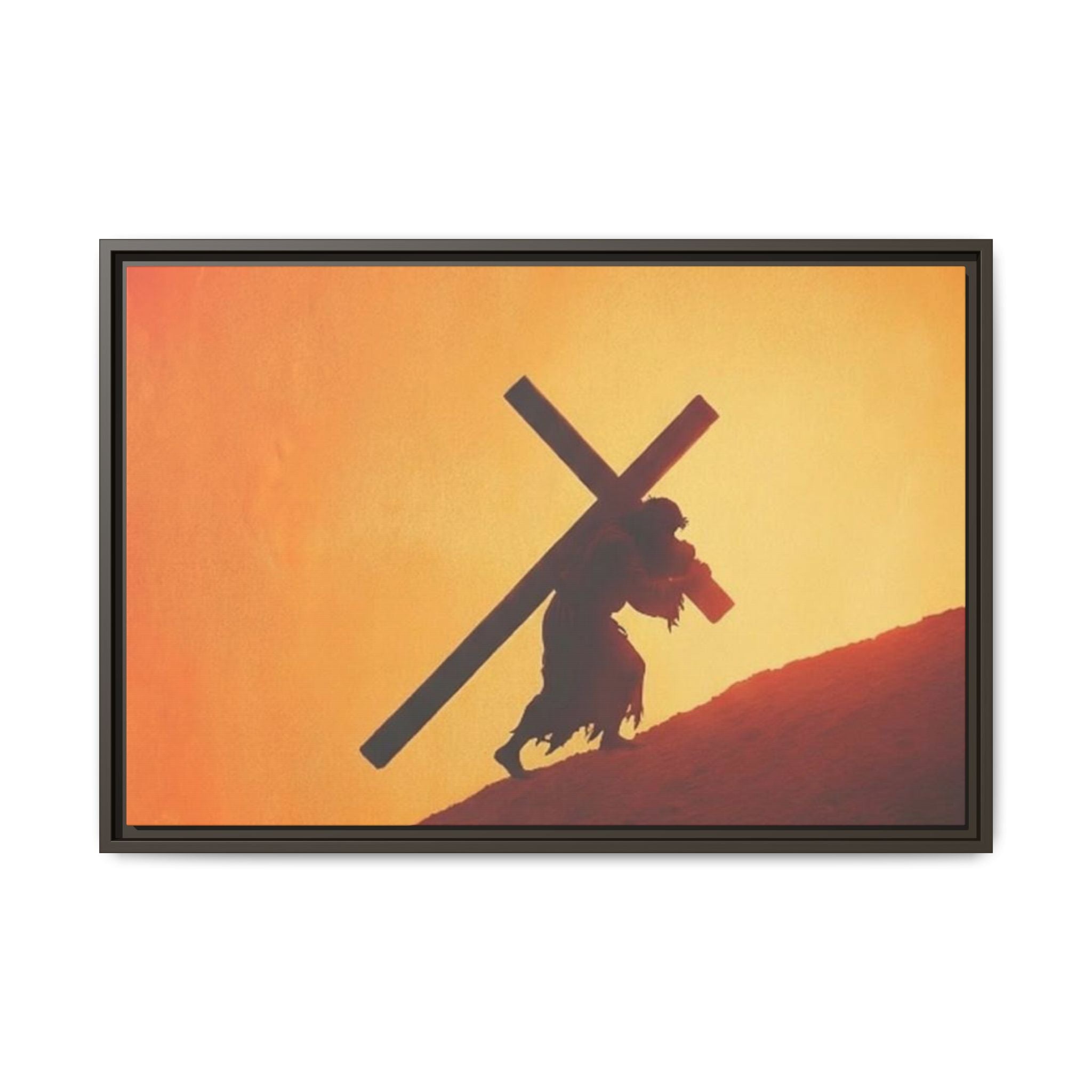 Jesus Christ Carrying Cross Framed Canvas — 'The World On His Shoulder' Sunset Art