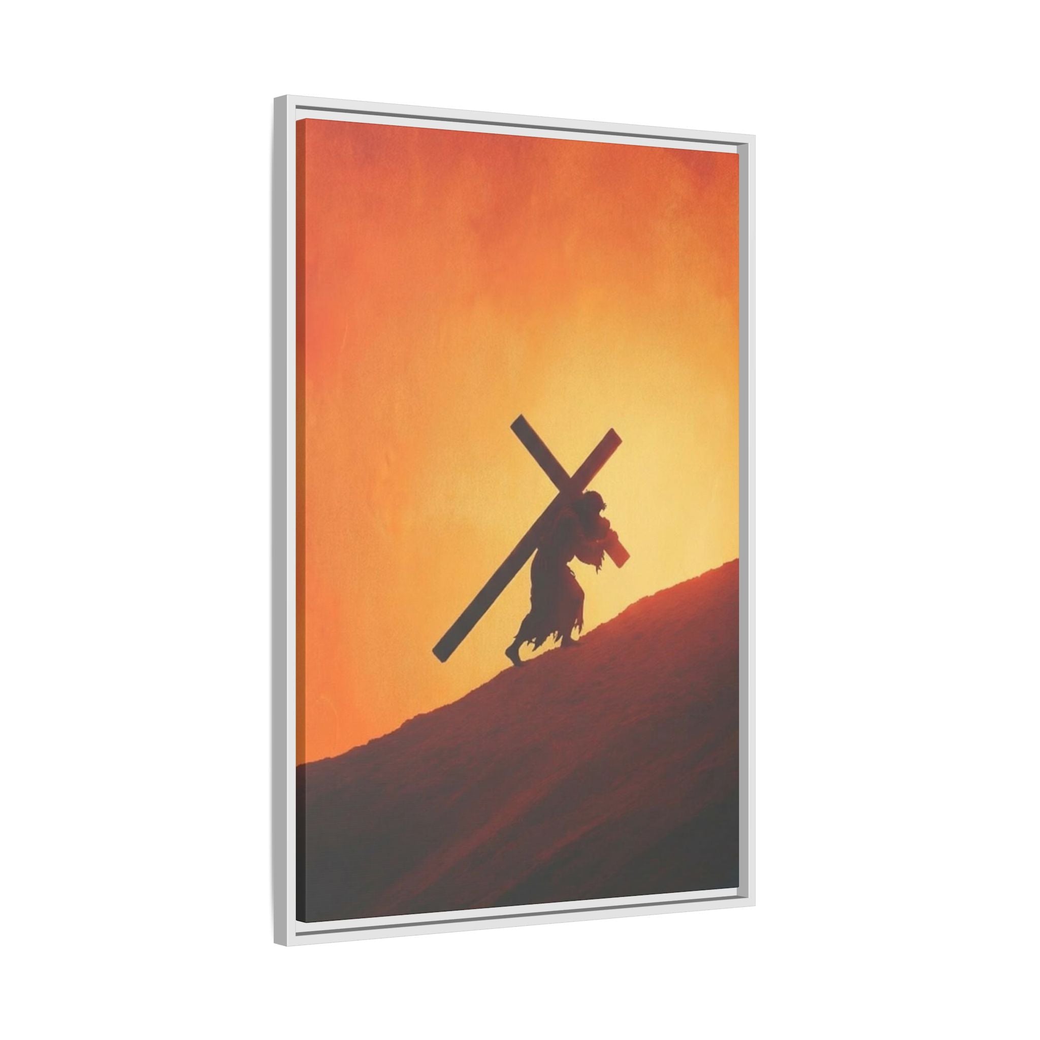 Jesus Christ Carrying Cross Framed Canvas — 'The World On His Shoulder' Sunset Art