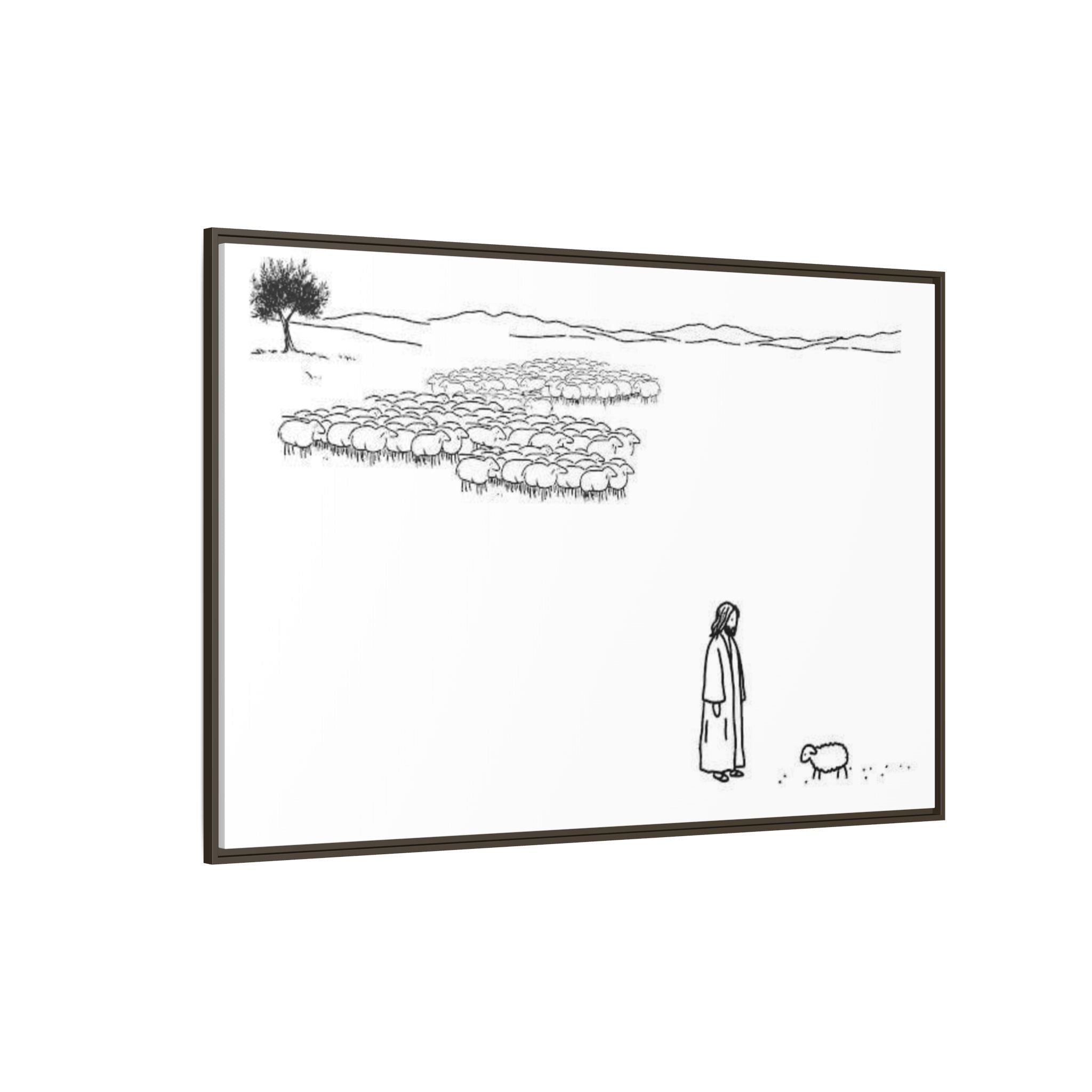 Framed Matte Canvas Print — Minimal The Good Shepherd & Flock Line Art