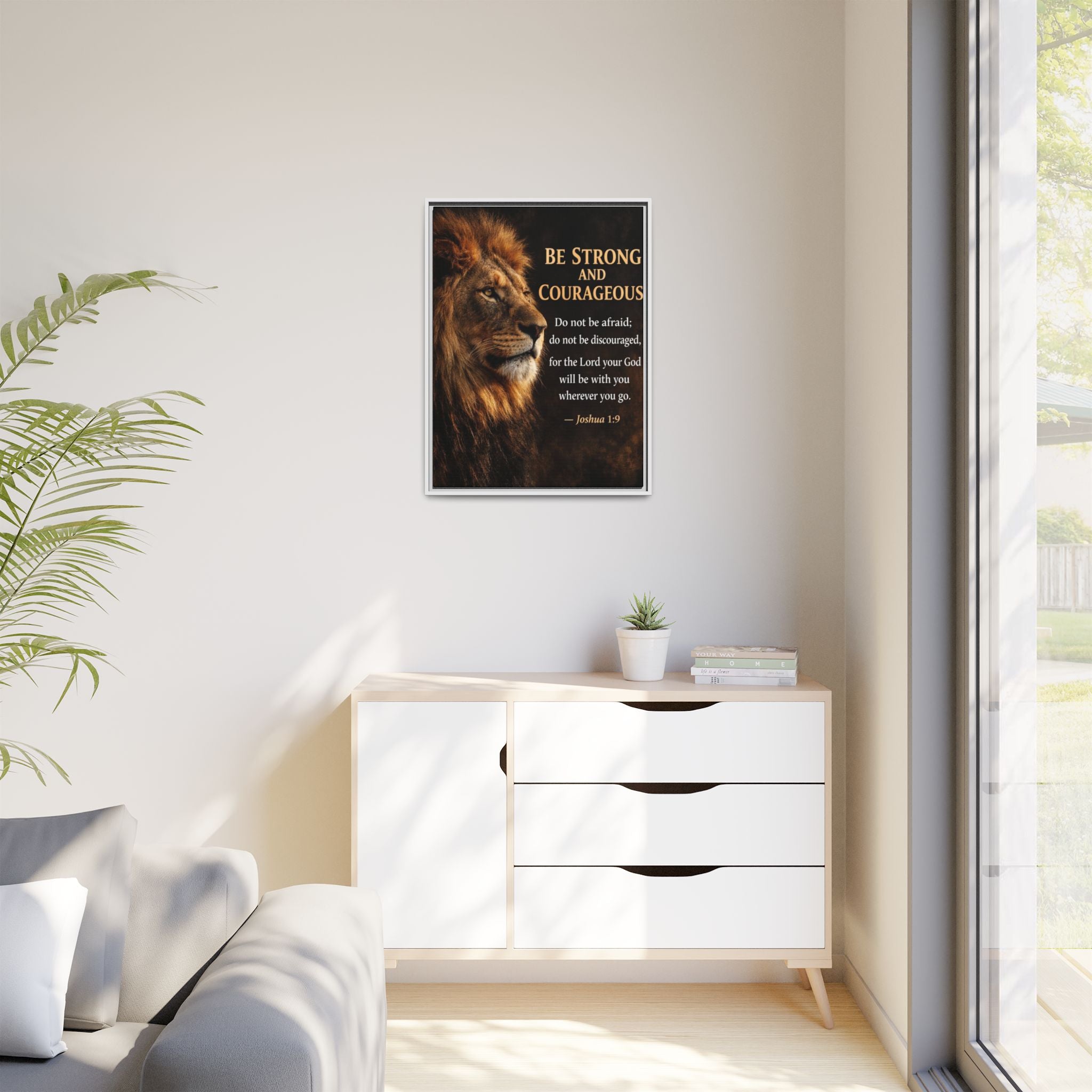 Framed Lion Canvas Print - "Be Strong and Courageous" Joshua 1:9 Inspirational Wall Art