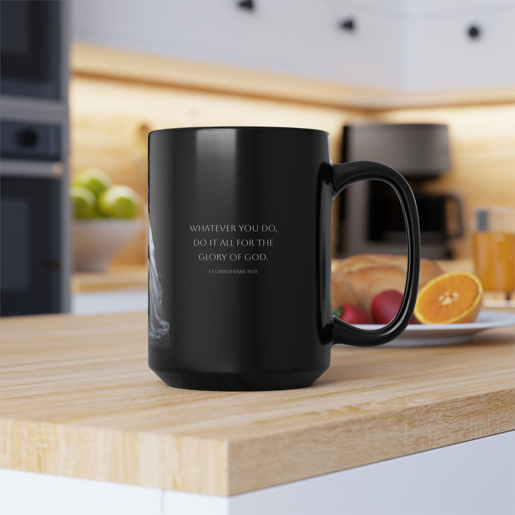 Christian Inspirational Black 15oz Mug — 'Whatever You Do, Do It All for the Glory of God' with Prayerful Statue Artwork