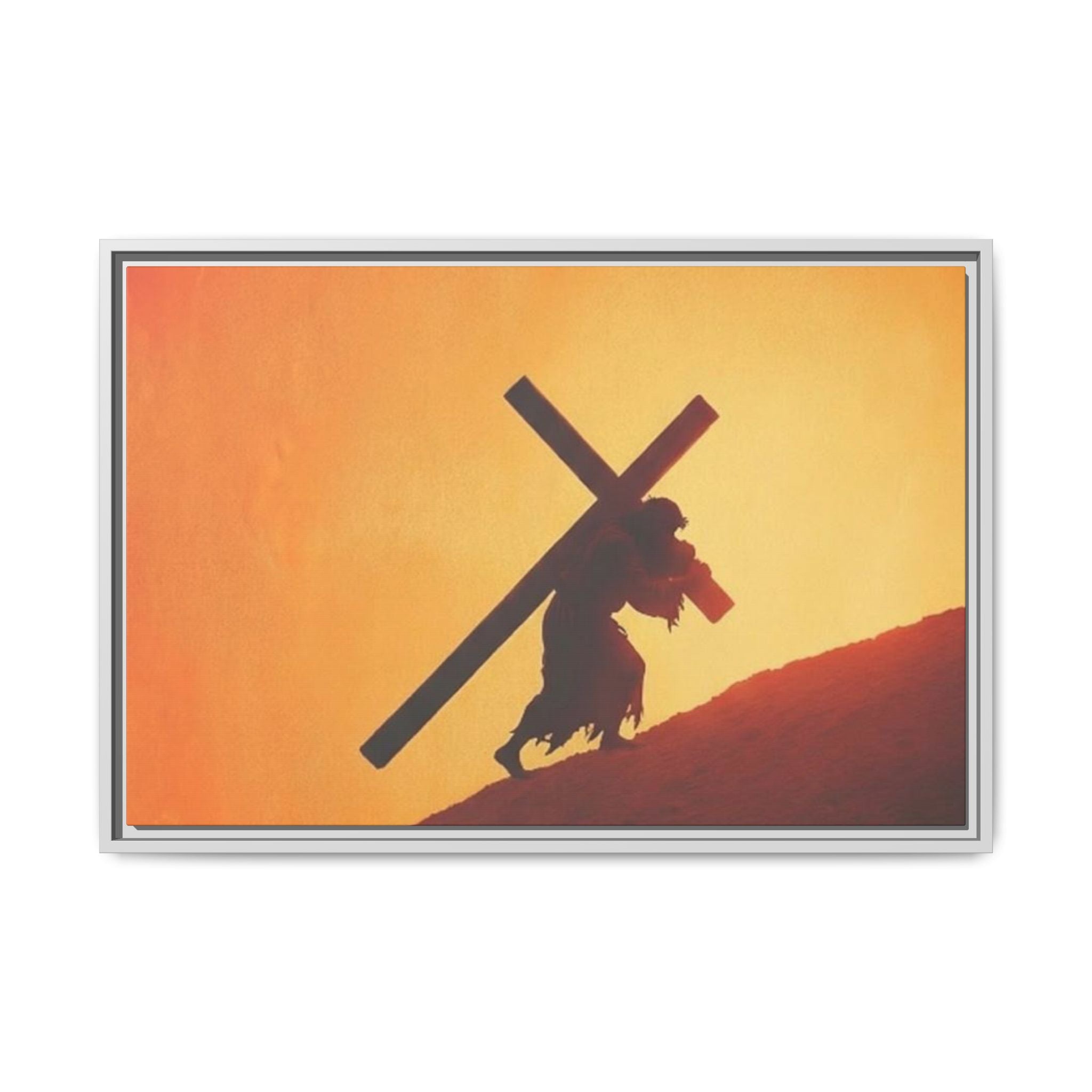 Jesus Christ Carrying Cross Framed Canvas — 'The World On His Shoulder' Sunset Art