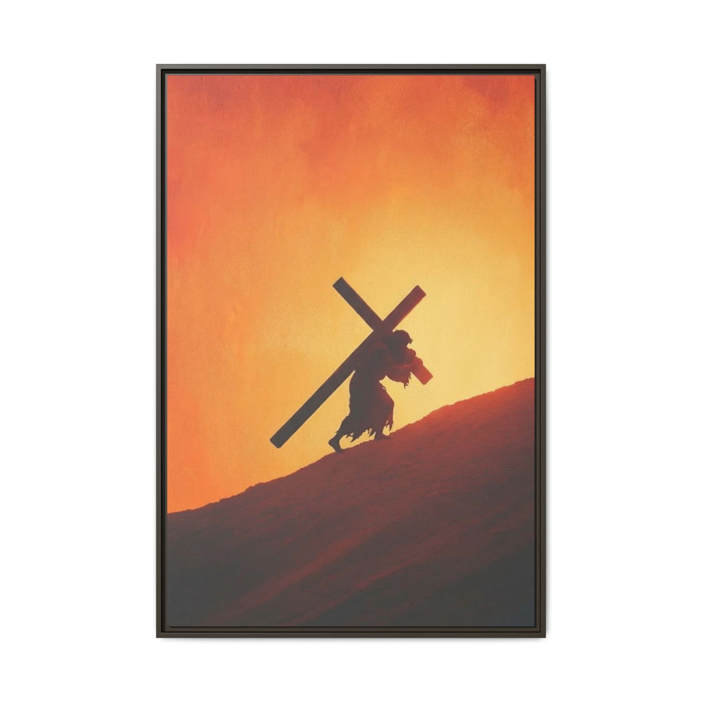 Jesus Christ Carrying Cross Framed Canvas — 'The World On His Shoulder' Sunset Art