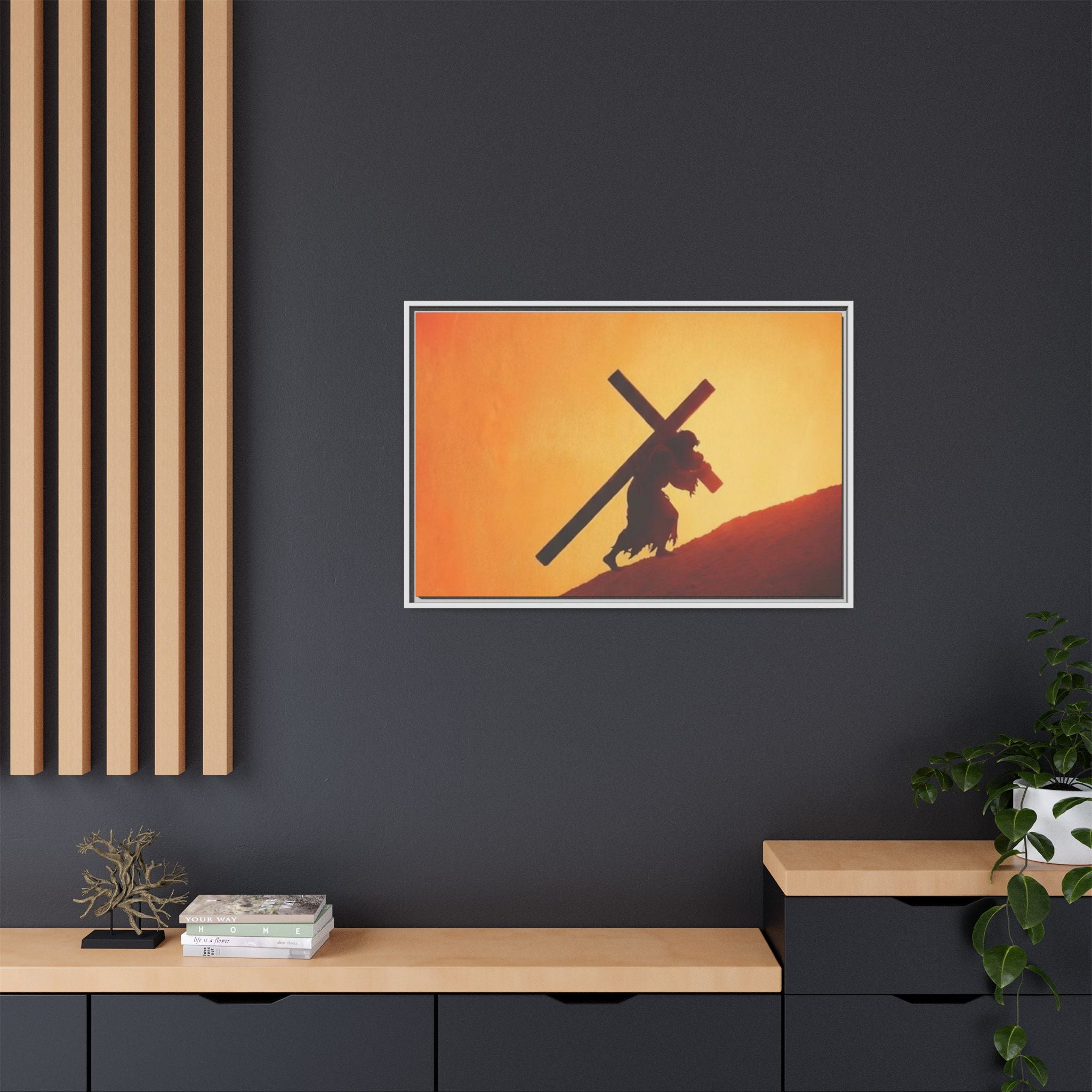 Jesus Christ Carrying Cross Framed Canvas — 'The World On His Shoulder' Sunset Art