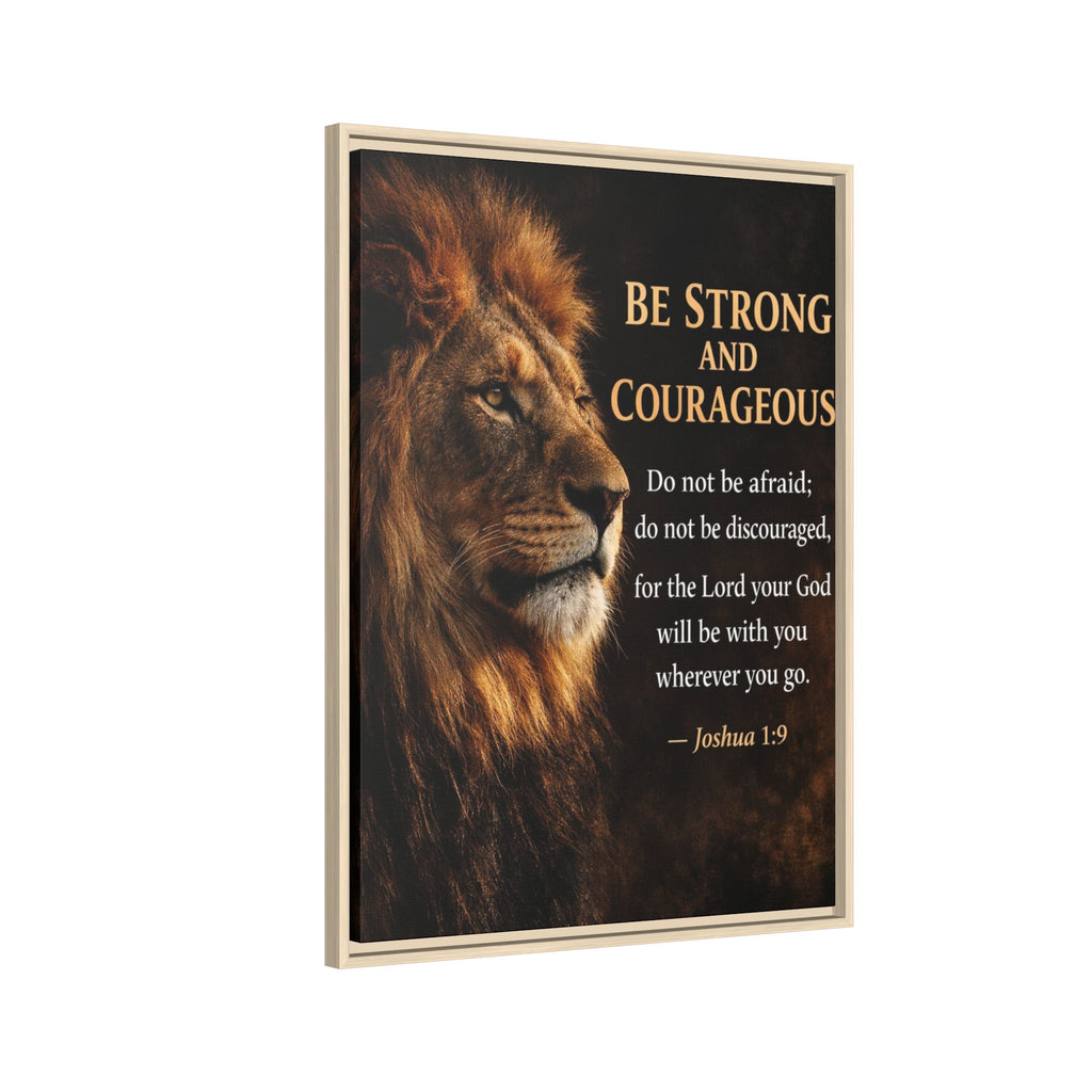 Framed Lion Canvas Print - "Be Strong and Courageous" Joshua 1:9 Inspirational Wall Art