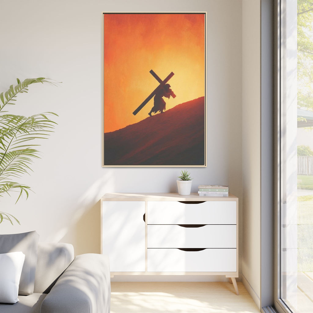 Jesus Christ Carrying Cross Framed Canvas — 'The World On His Shoulder' Sunset Art