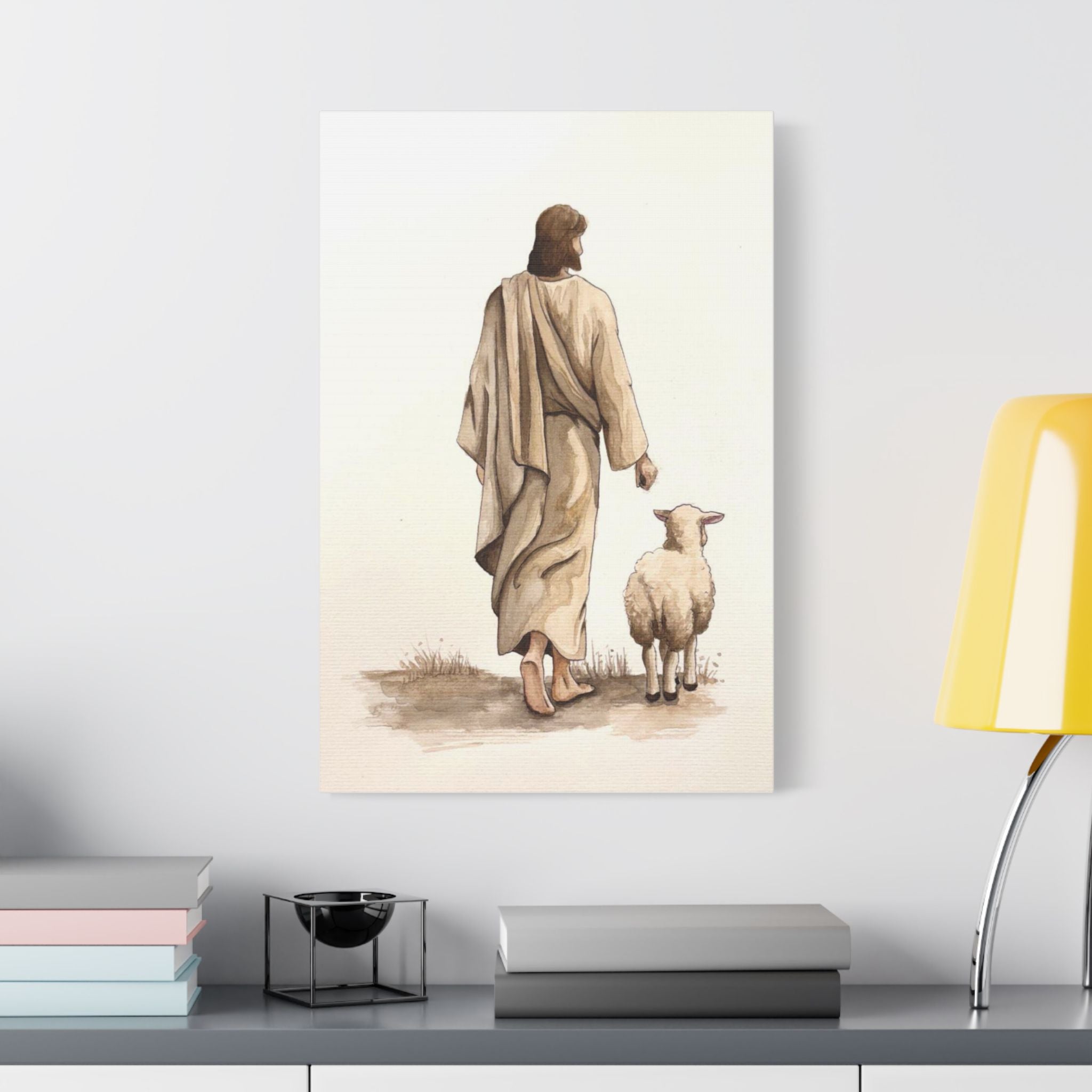 Jesus with Lamb Satin Canvas Wall Art – Christian Religious Stretched Canvas
