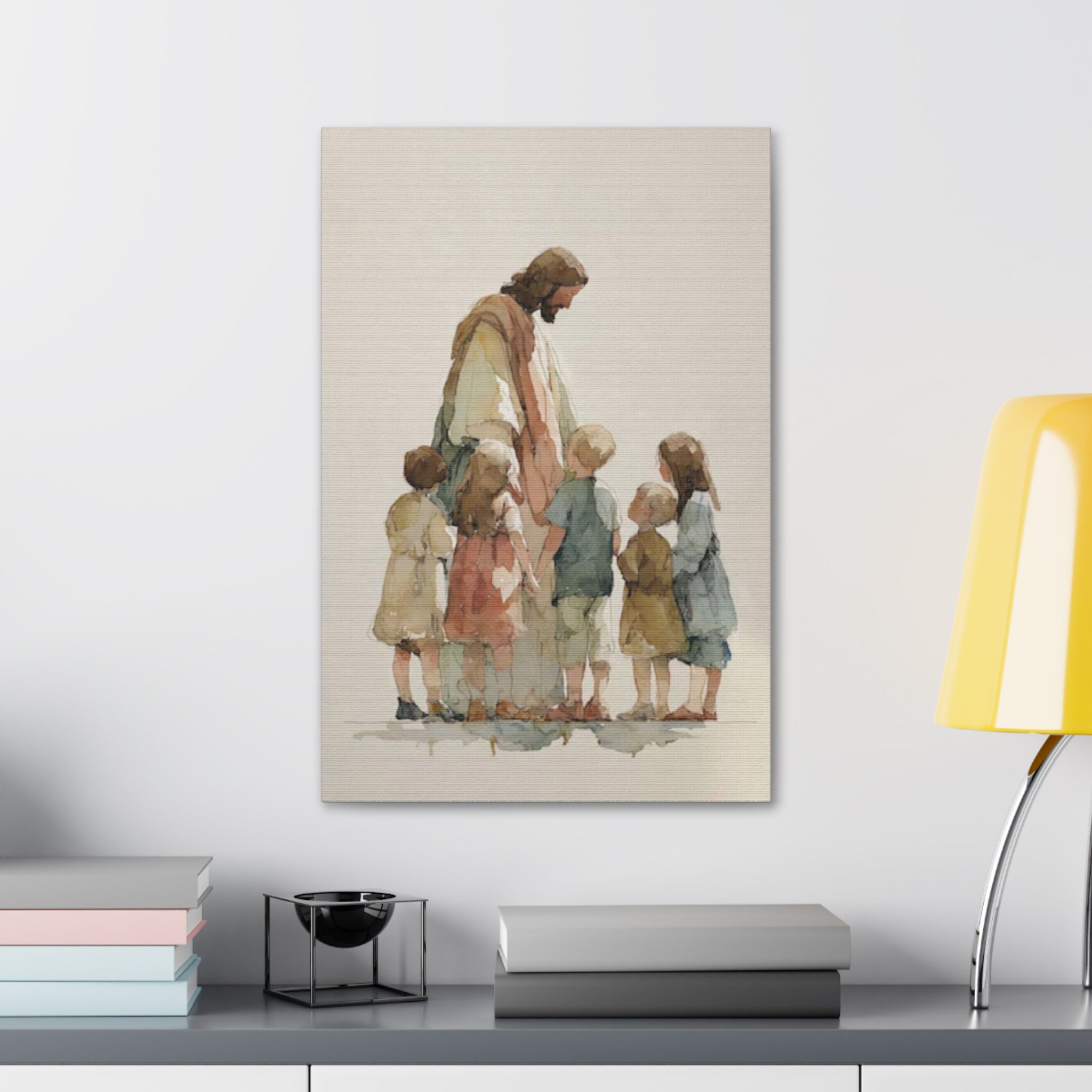 Faithful Father and Children Watercolor Canvas Print — Religious Nursery Wall Art