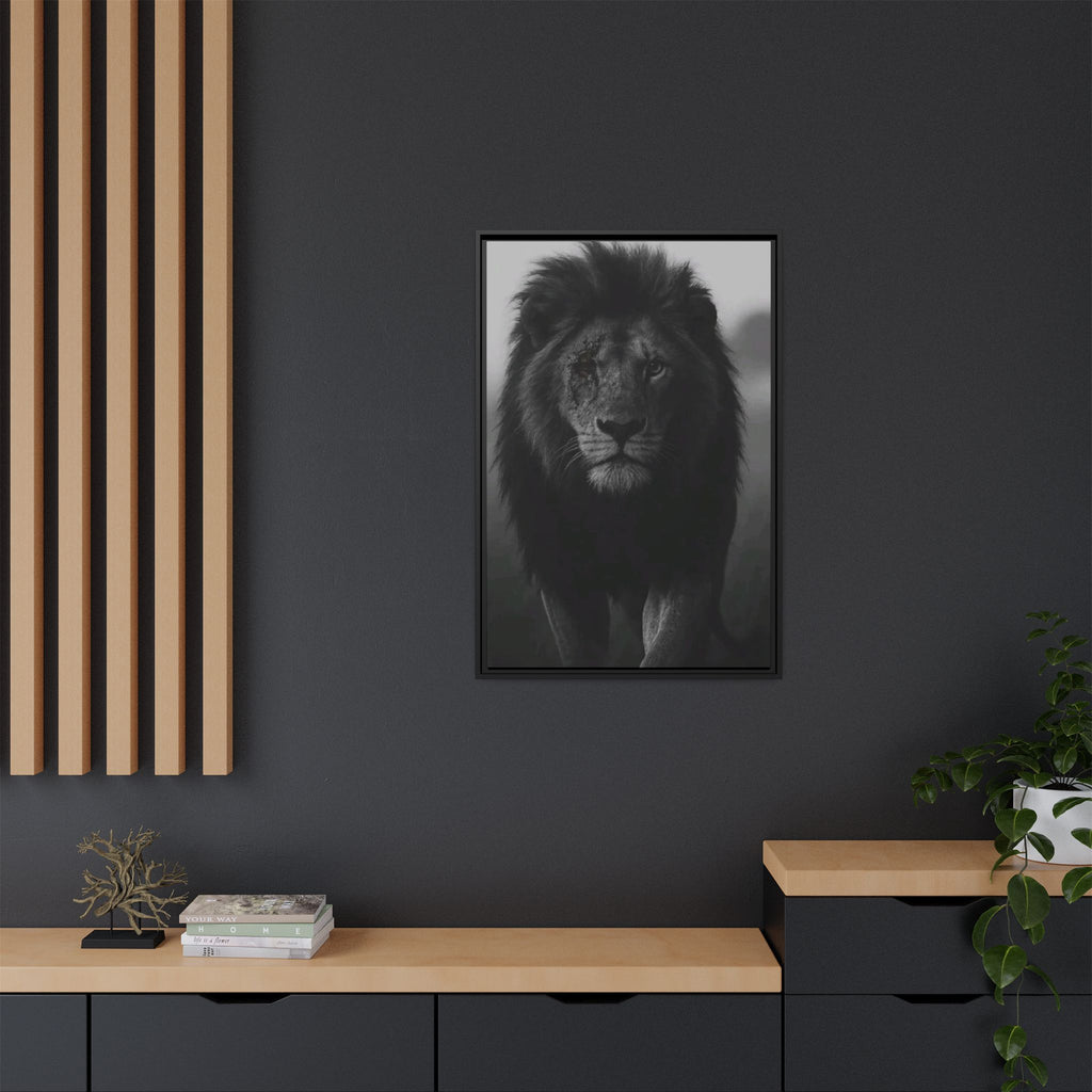 Framed Matte Canvas Lion Wall Art – Black & White Majestic Lion Print