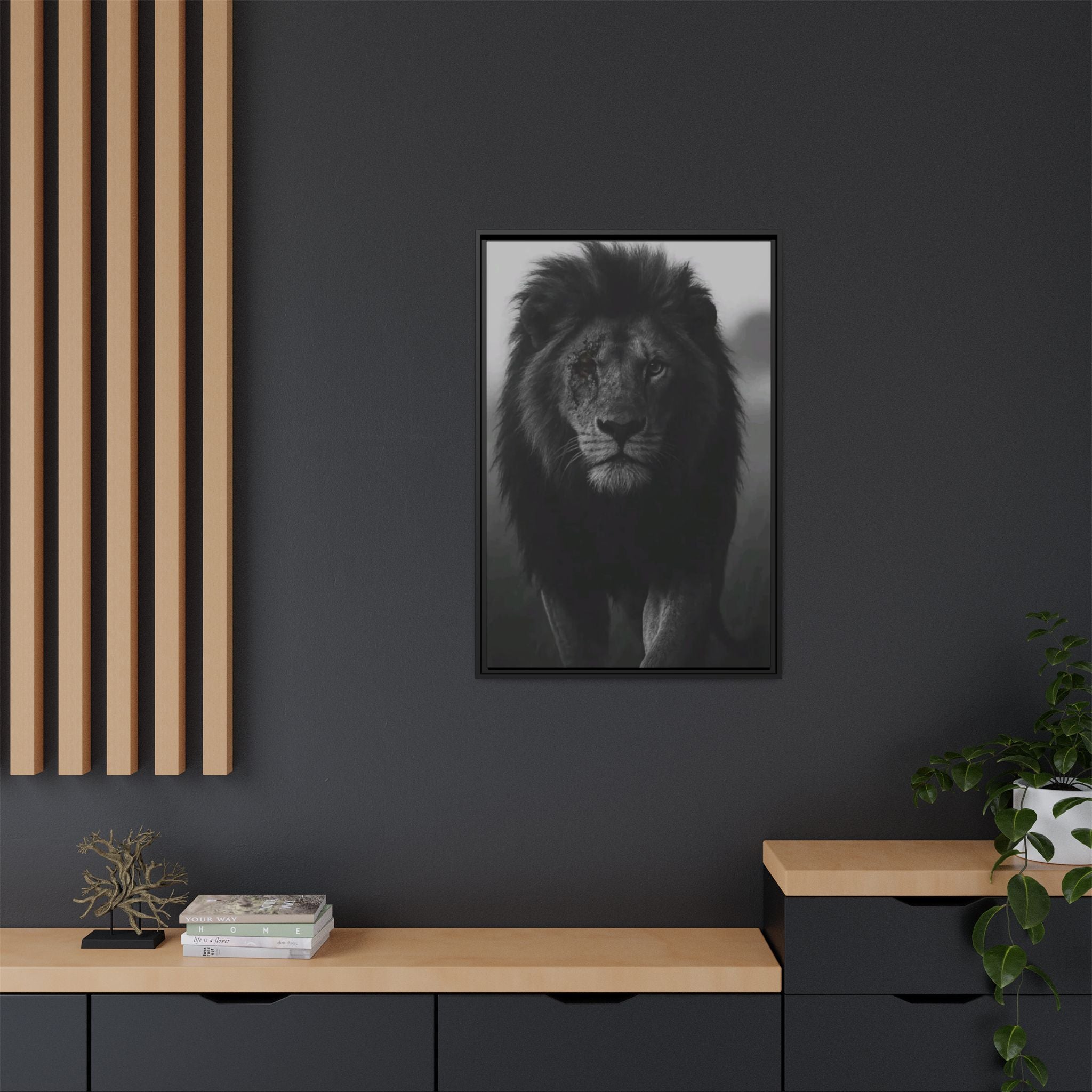 Framed Matte Canvas Lion Wall Art – Black & White Majestic Lion Print