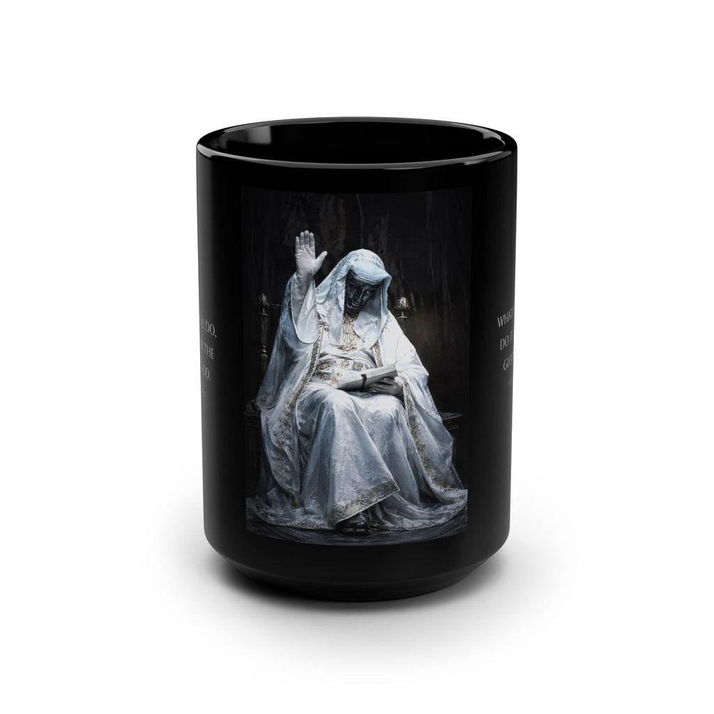 Christian Inspirational Black 15oz Mug — 'Whatever You Do, Do It All for the Glory of God' with Prayerful Statue Artwork