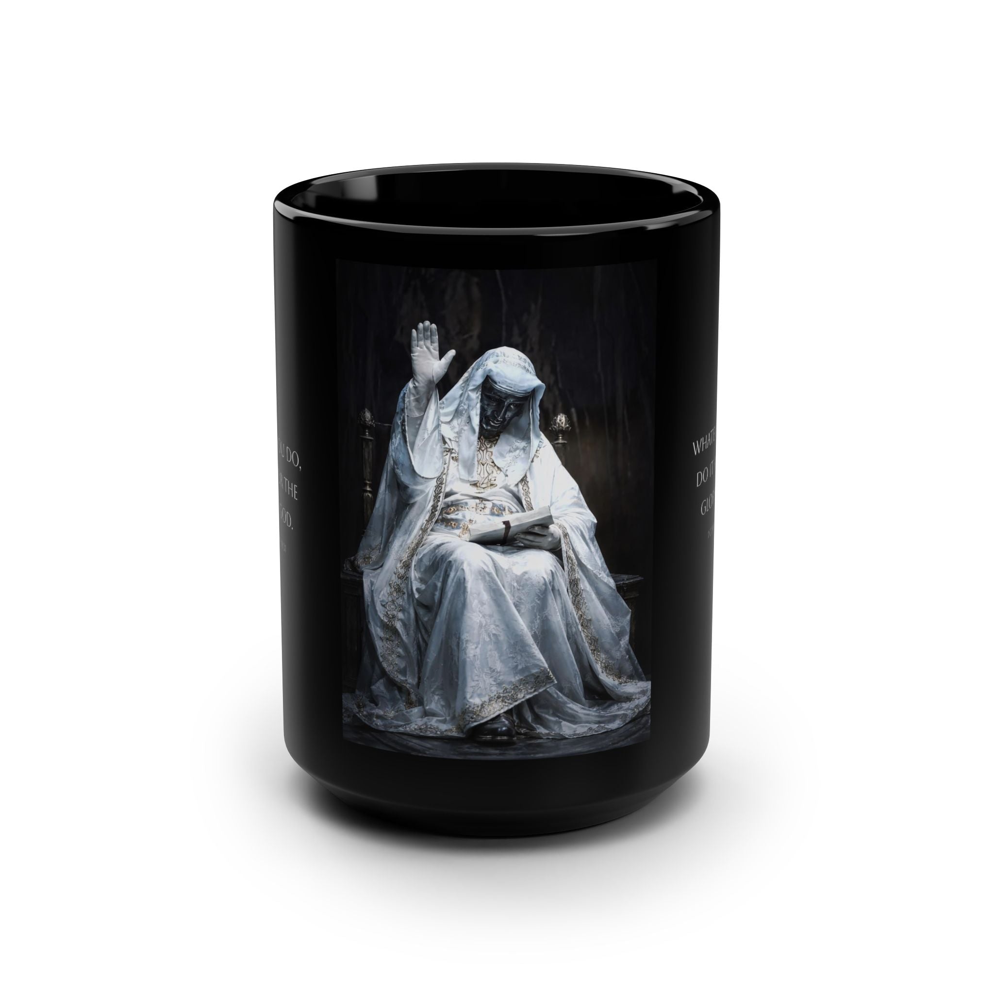 Christian Inspirational Black 15oz Mug — 'Whatever You Do, Do It All for the Glory of God' with Prayerful Statue Artwork