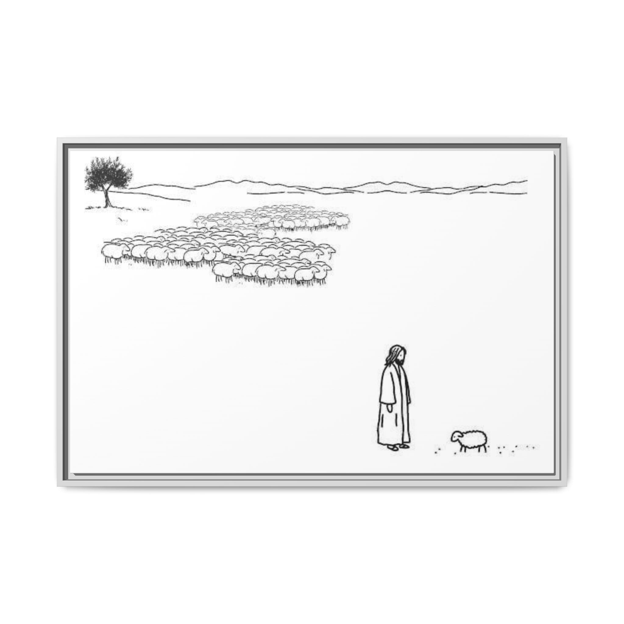 Framed Matte Canvas Print — Minimal The Good Shepherd & Flock Line Art