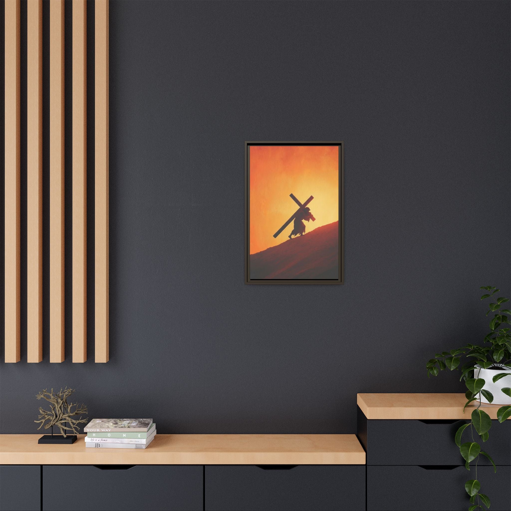 Jesus Christ Carrying Cross Framed Canvas — 'The World On His Shoulder' Sunset Art
