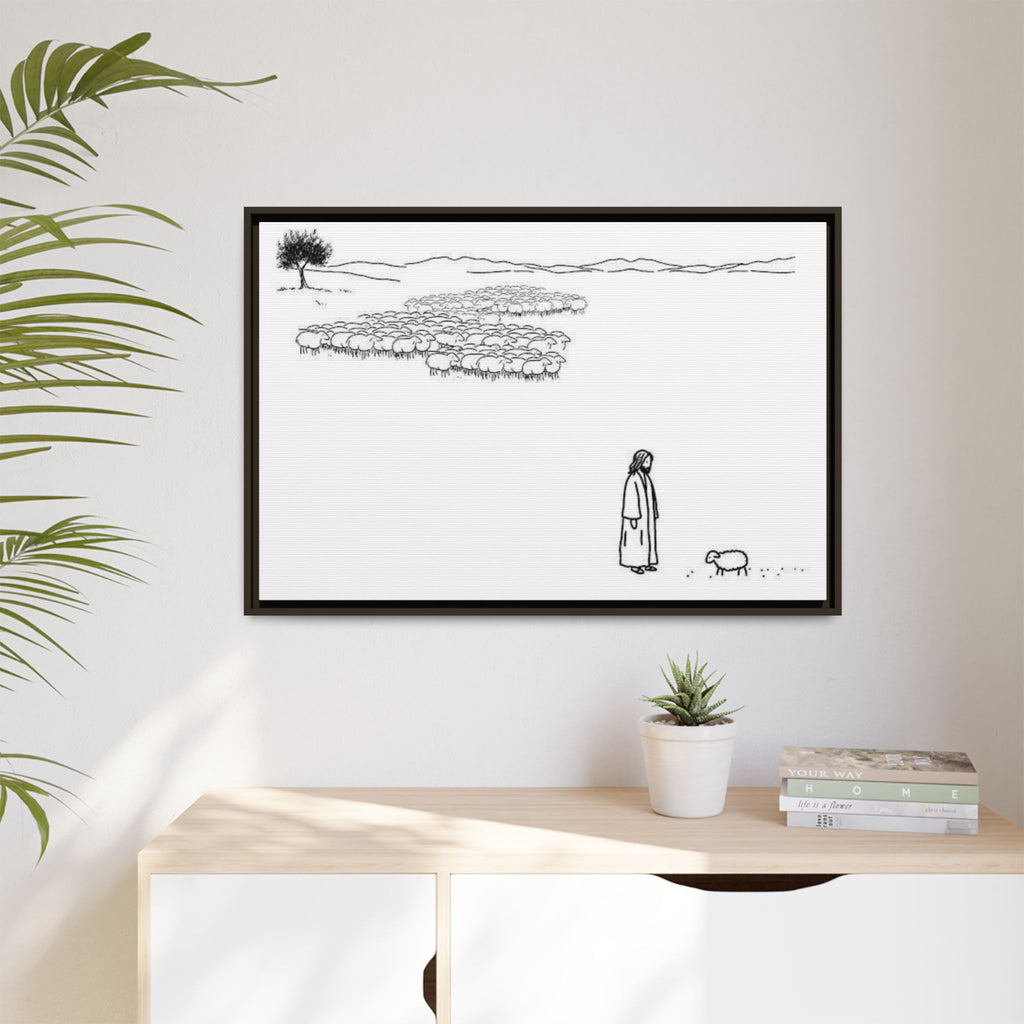 Framed Matte Canvas Print — Minimal The Good Shepherd & Flock Line Art