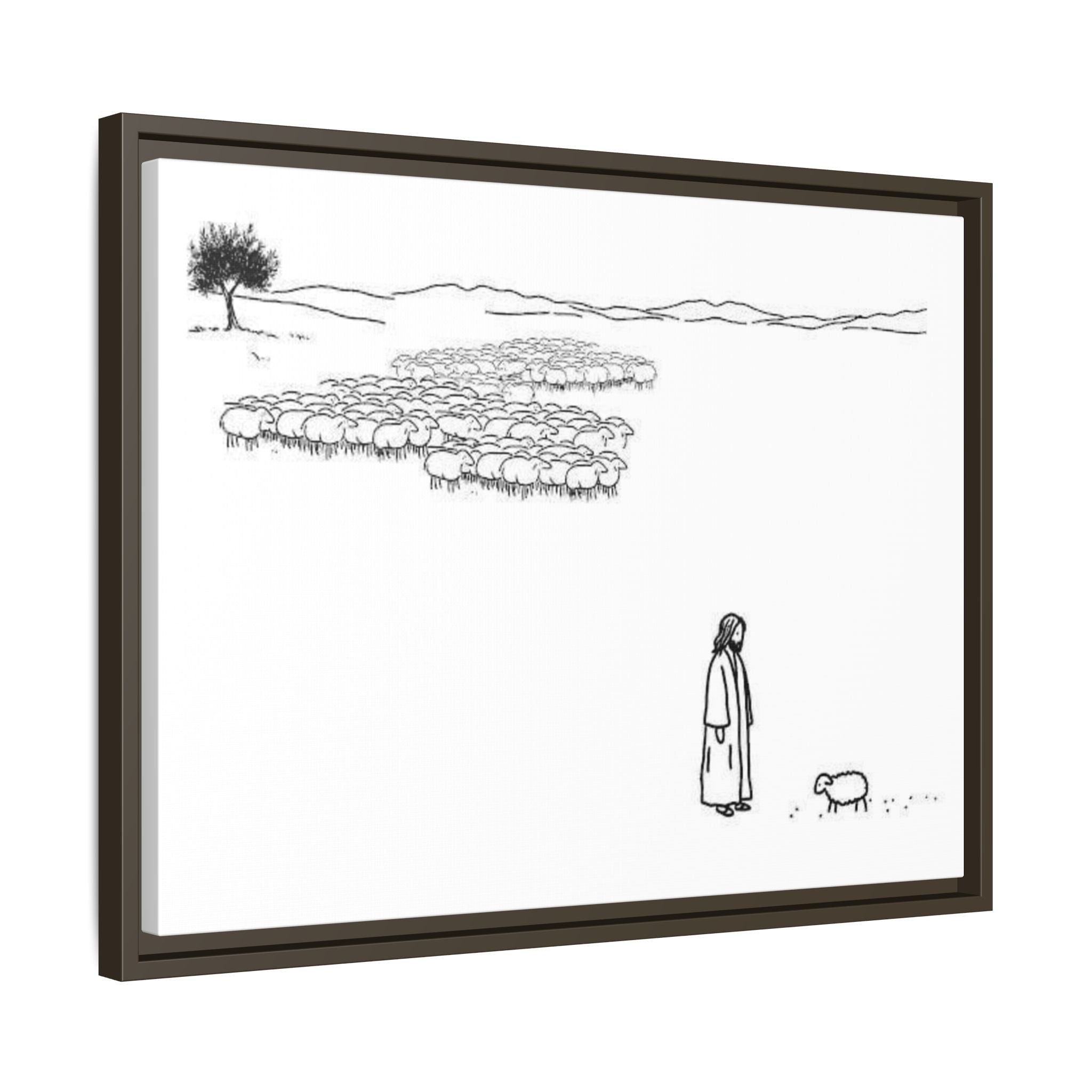 Framed Matte Canvas Print — Minimal The Good Shepherd & Flock Line Art