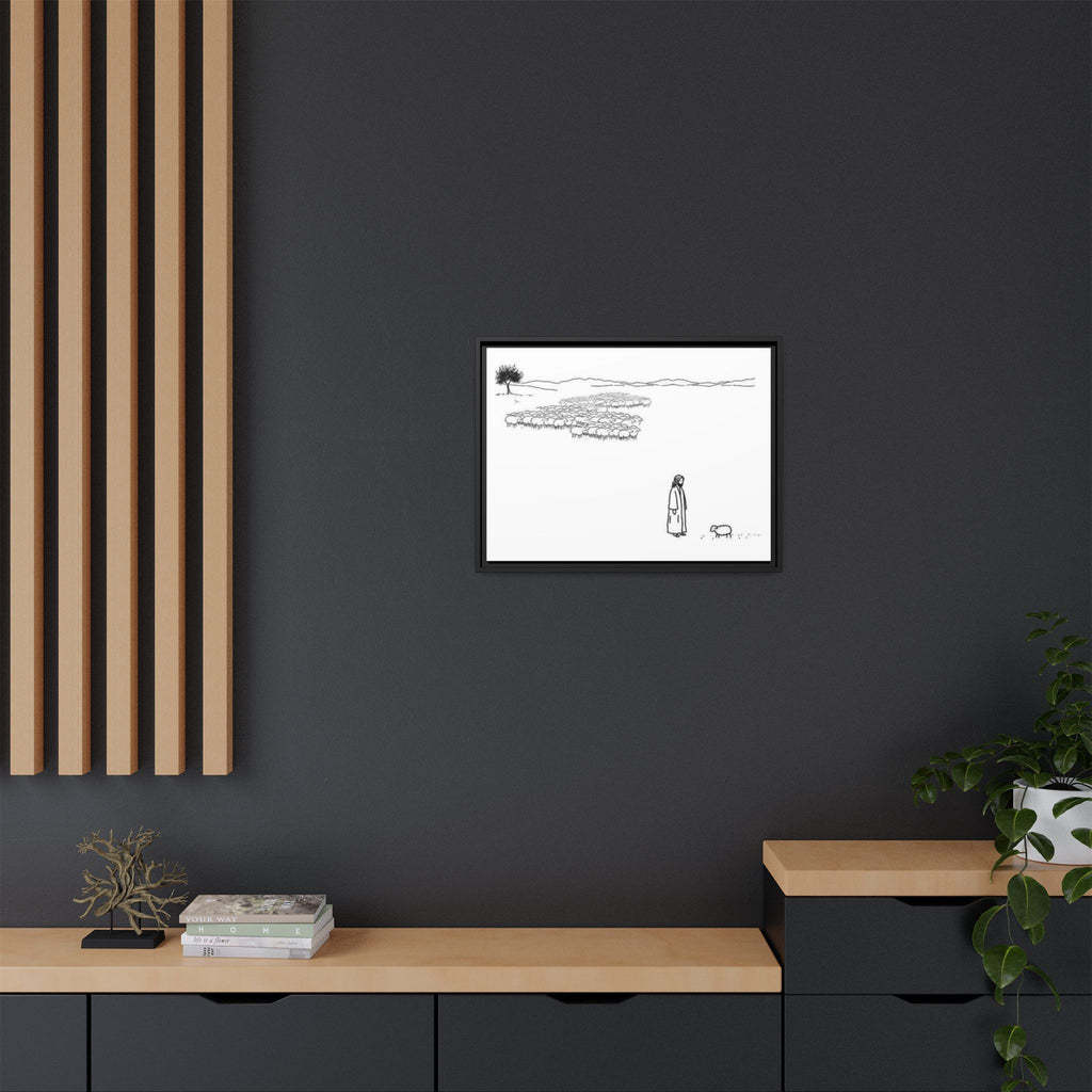 Framed Matte Canvas Print — Minimal The Good Shepherd & Flock Line Art