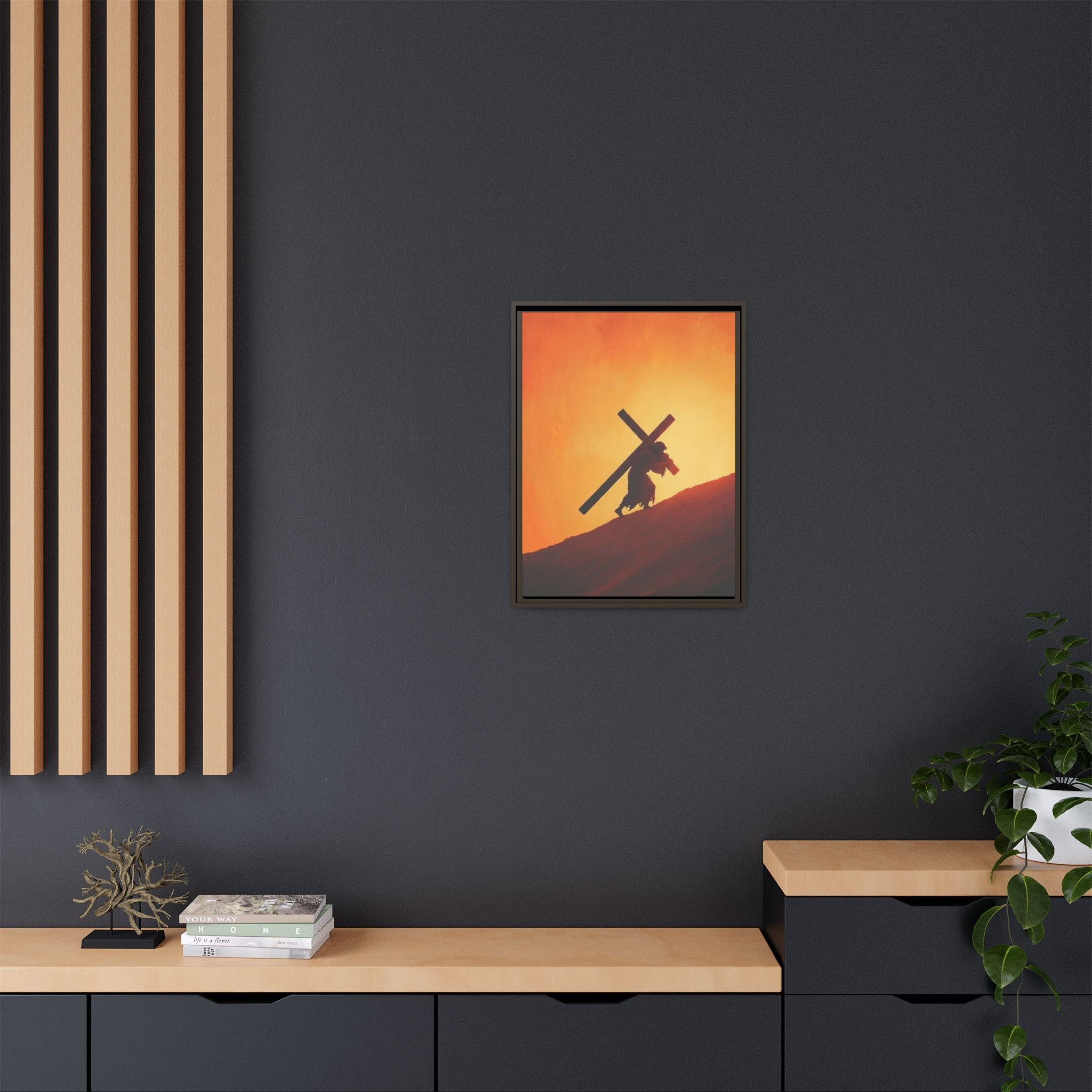 Jesus Christ Carrying Cross Framed Canvas — 'The World On His Shoulder' Sunset Art