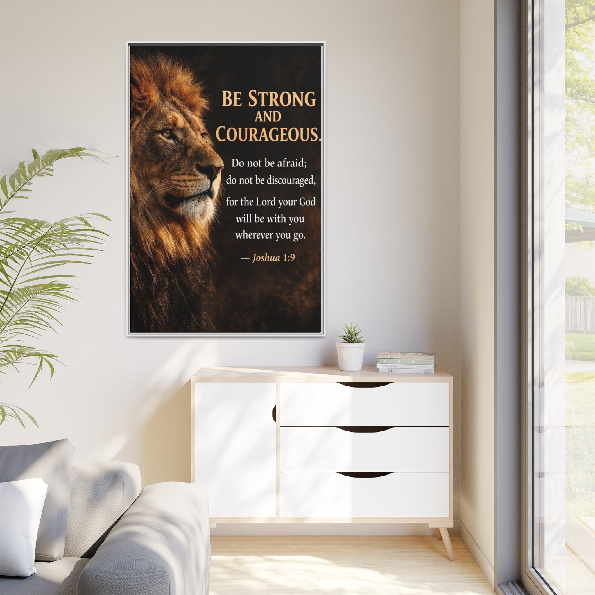 Framed Canvas Wall Art — "Be Strong and Courageous" Lion Joshua 1:9 Inspirational FAITH Art