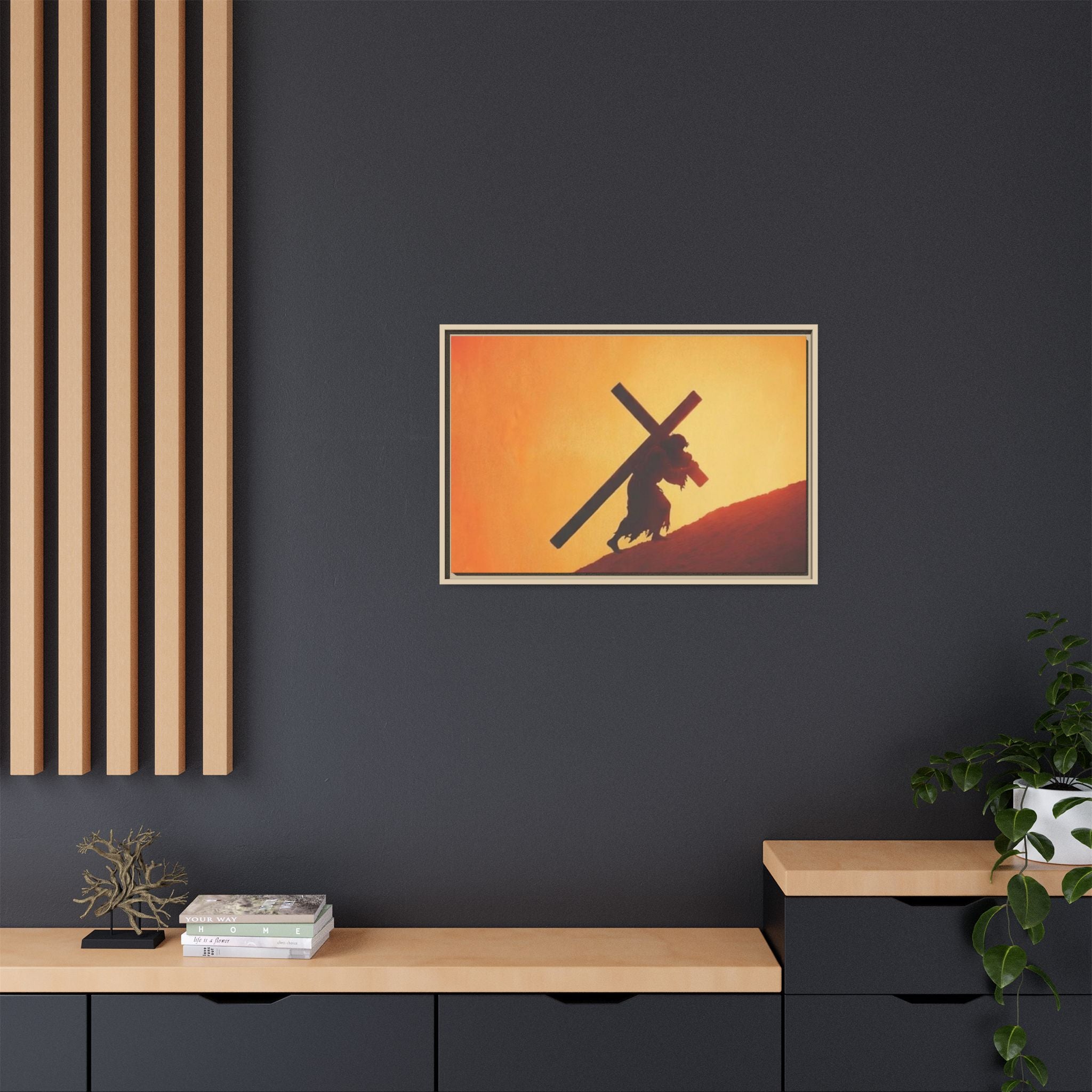 Jesus Christ Carrying Cross Framed Canvas — 'The World On His Shoulder' Sunset Art