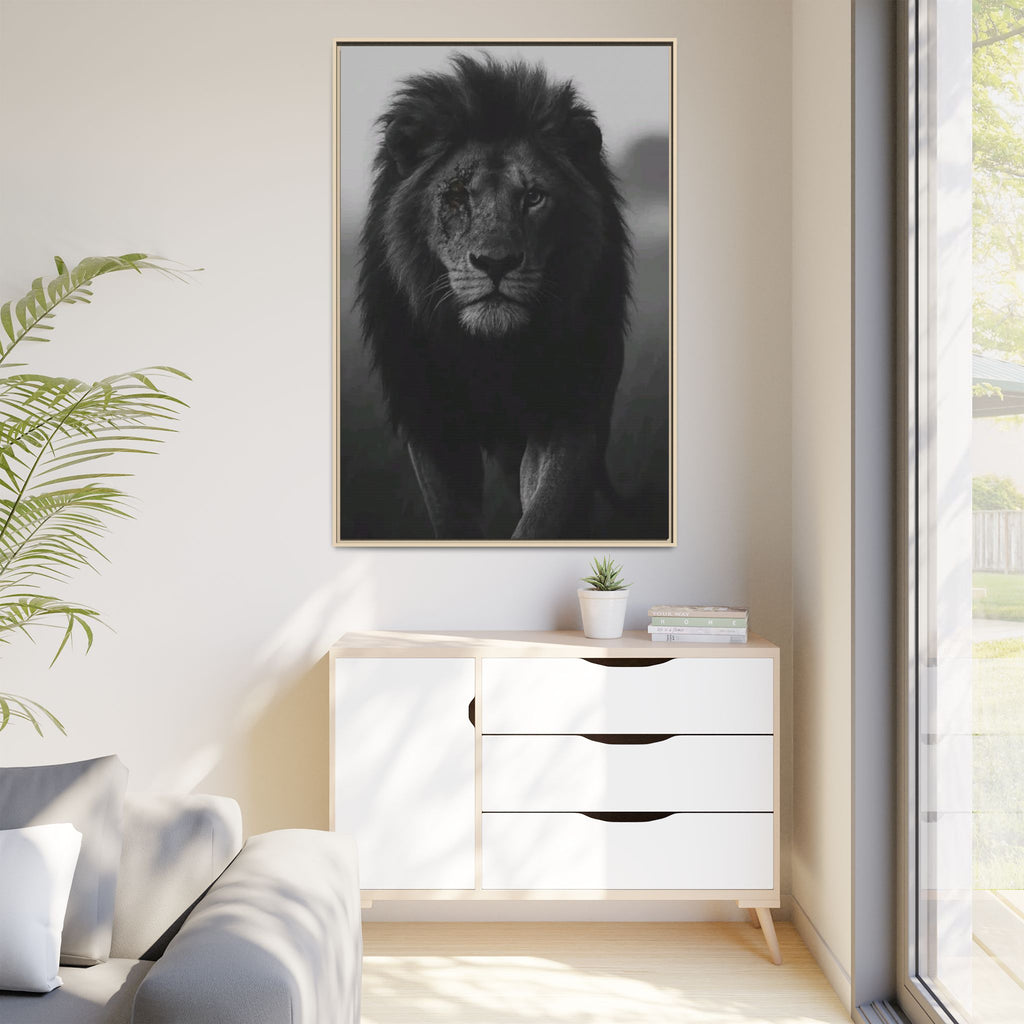 Framed Matte Canvas Lion Wall Art – Black & White Majestic Lion Print