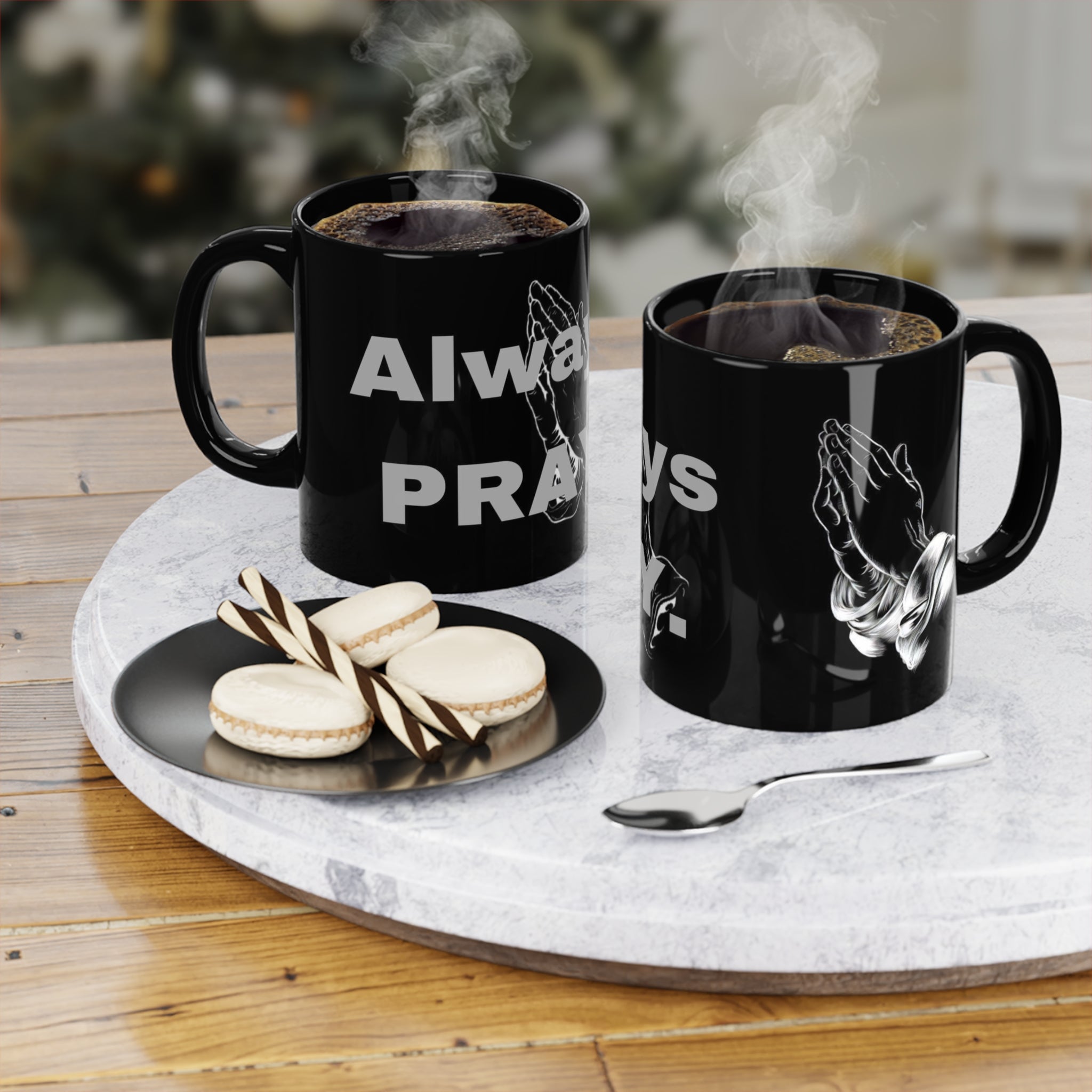 Prayer Hands Coffee Mug — "Always Pray." Black 11oz Inspirational Mug